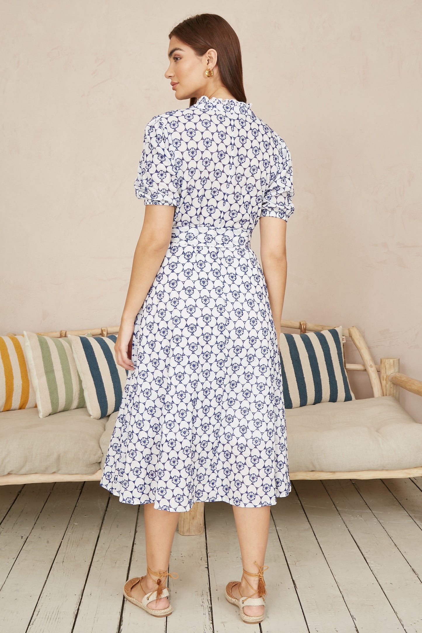 Yumi White and Blue Cotton Broderie Anglaise Midi Shirt Dress DRES Day Yumi