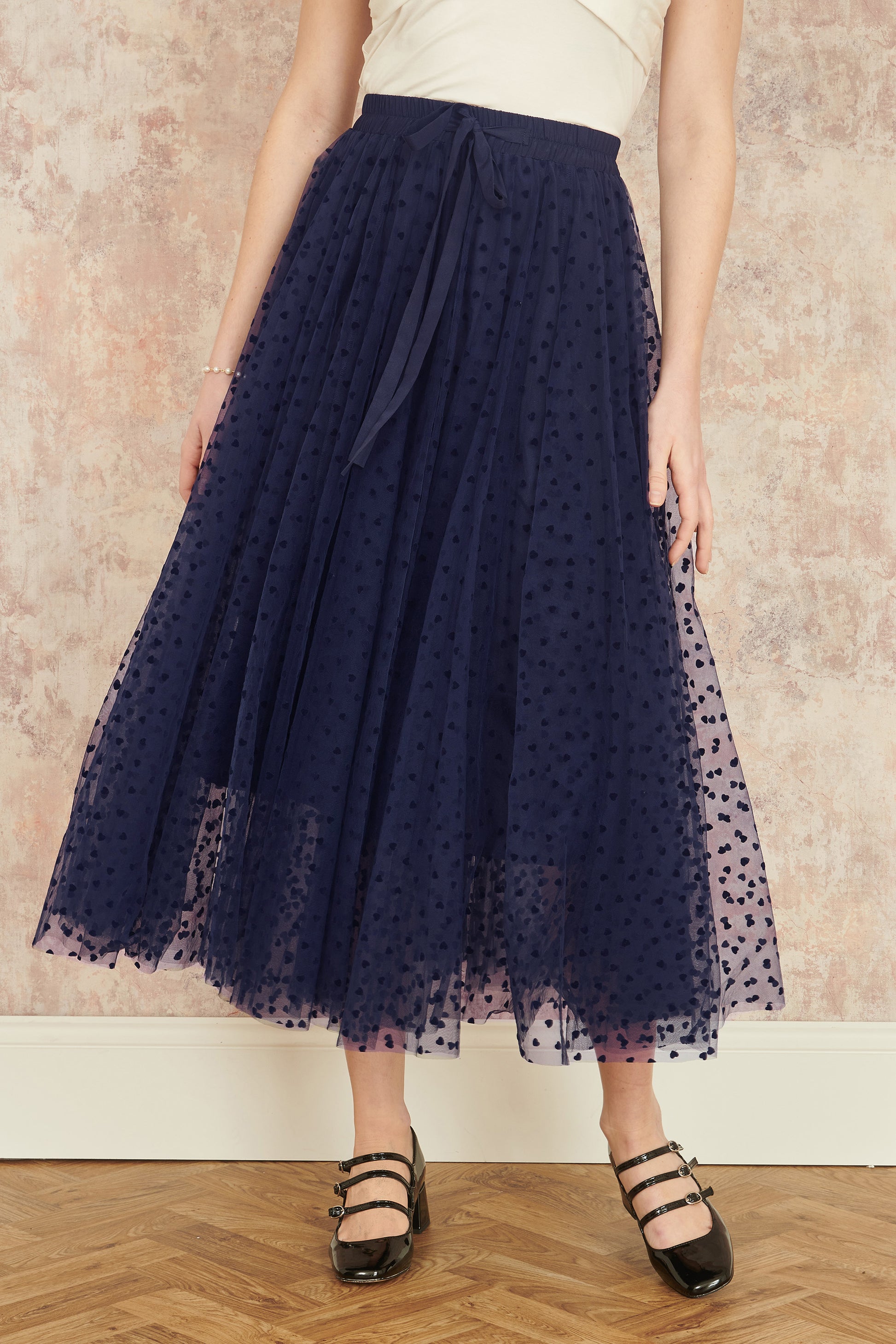 Yumi Navy Mesh Heart Print Tulle Skirt SKIRT Yumi