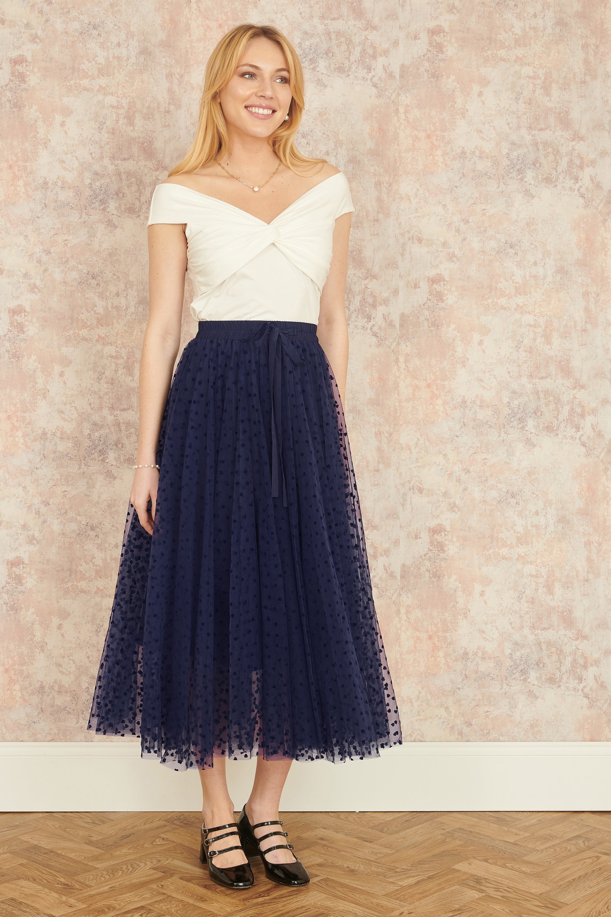 Yumi Navy Mesh Heart Print Tulle Skirt SKIRT Yumi