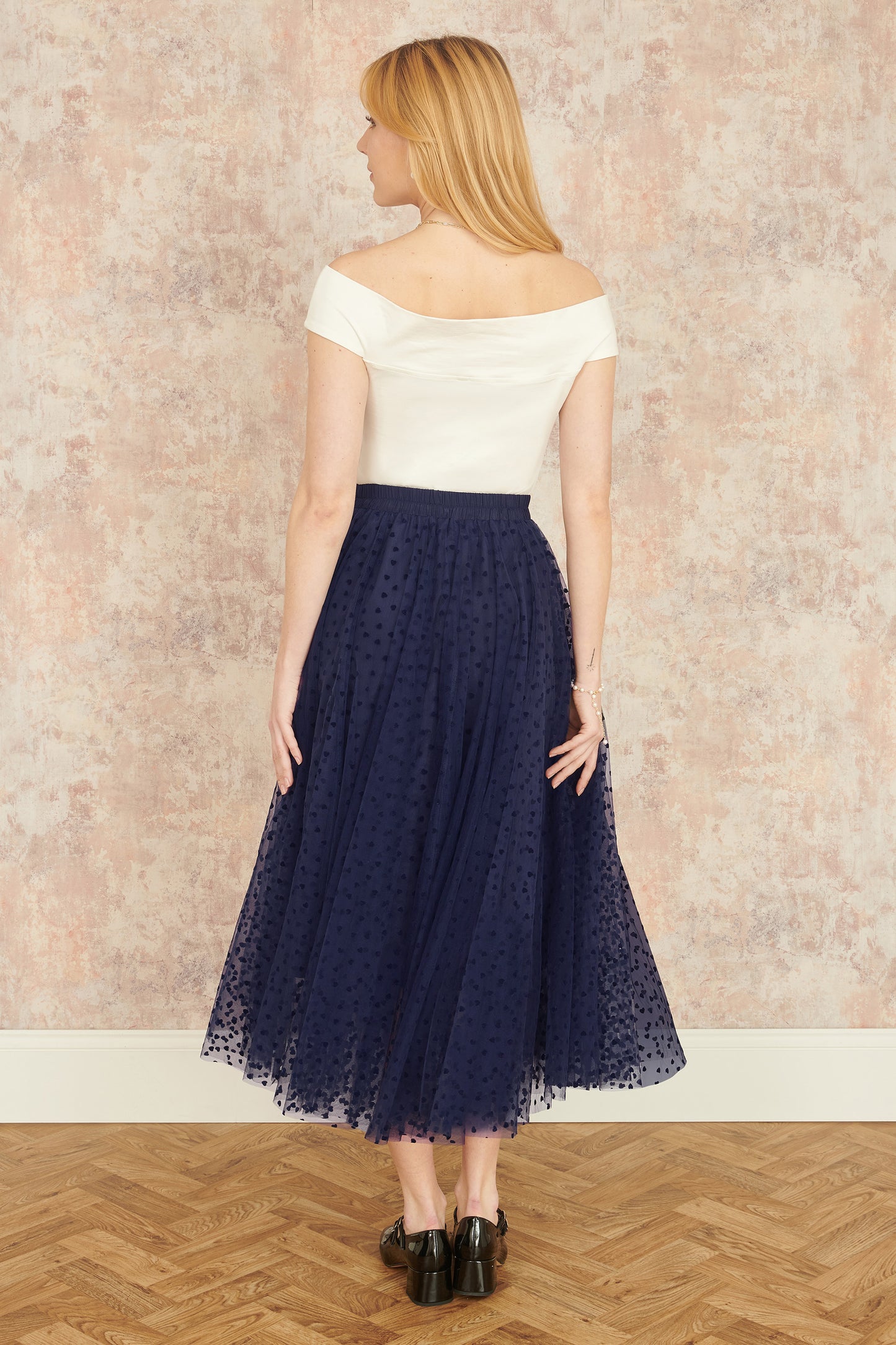 Yumi Navy Mesh Heart Print Tulle Skirt SKIRT Yumi