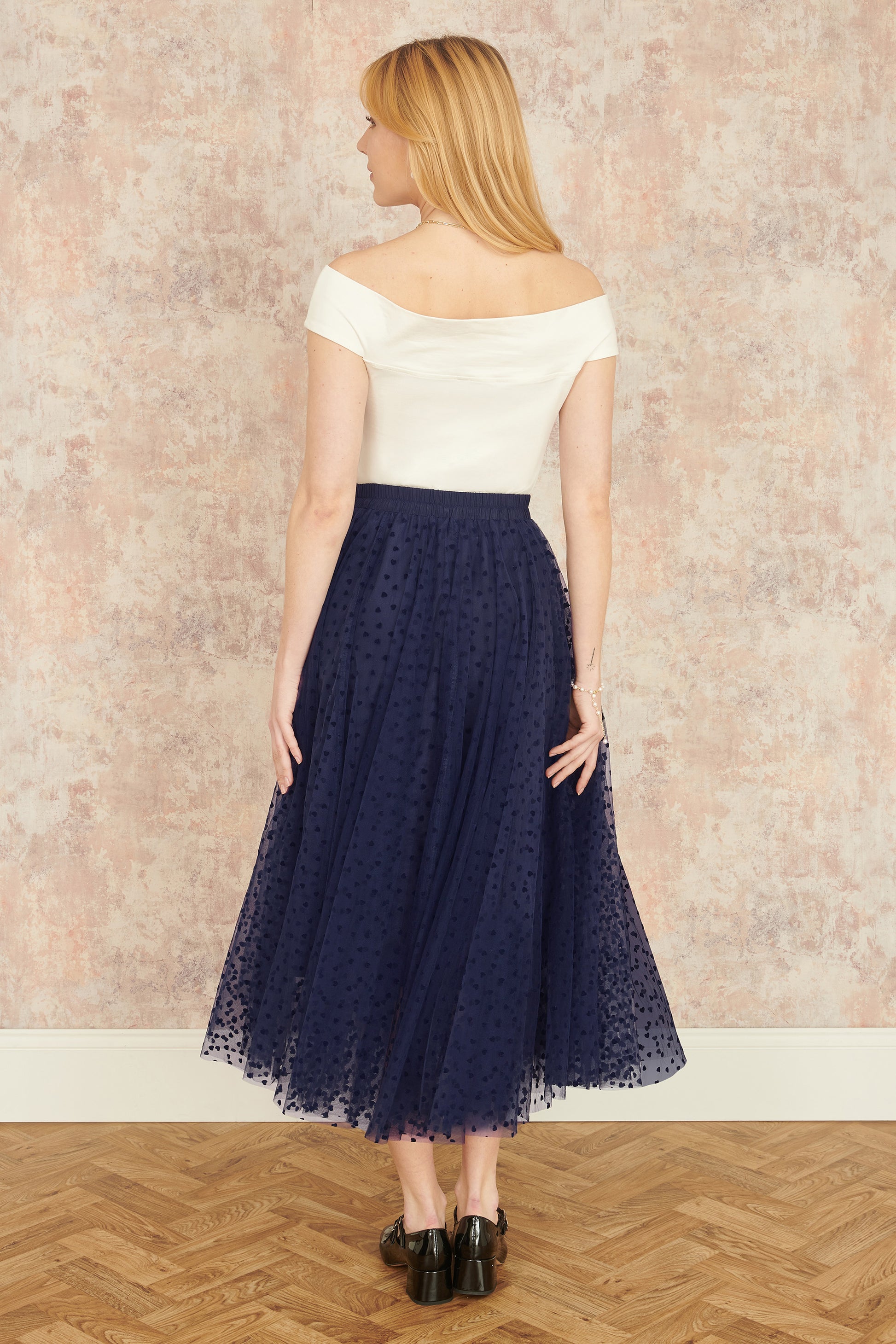 Yumi Navy Mesh Heart Print Tulle Skirt SKIRT Yumi