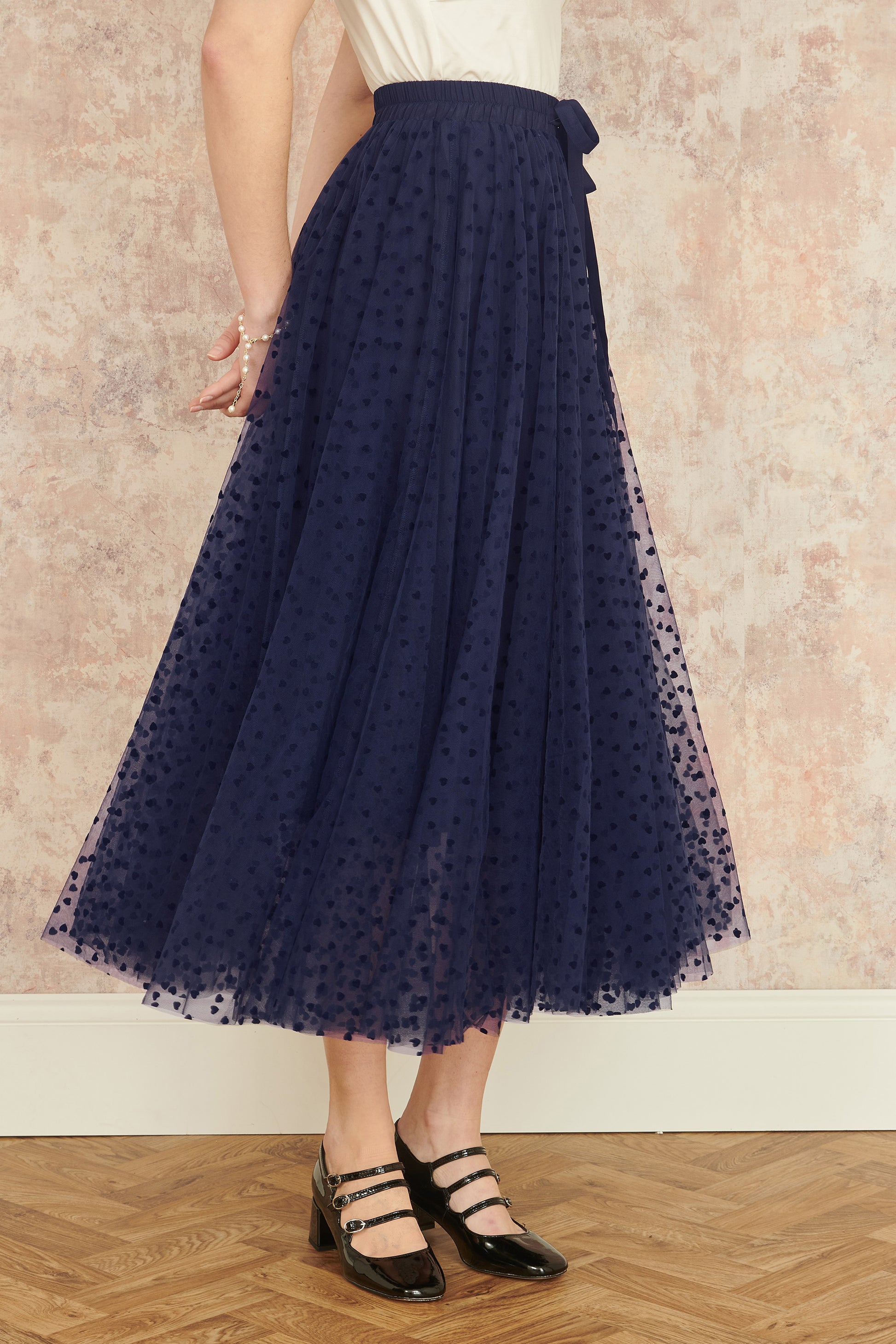 Yumi Navy Mesh Heart Print Tulle Skirt SKIRT Yumi