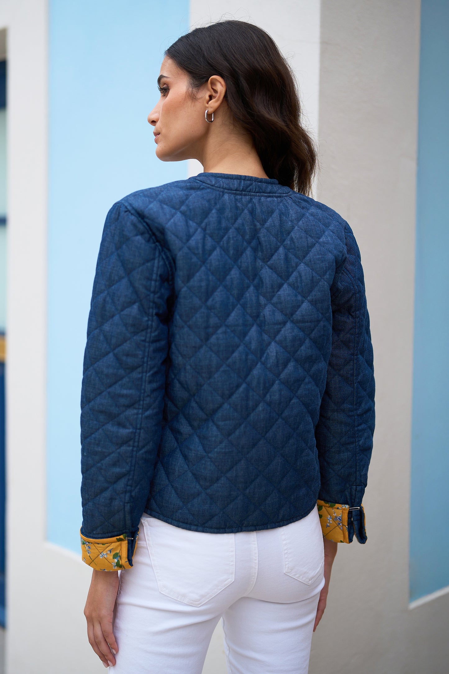 Yumi Blue Chambray Quilted Jacket With Reversible Floral Lining JACKET Yumi