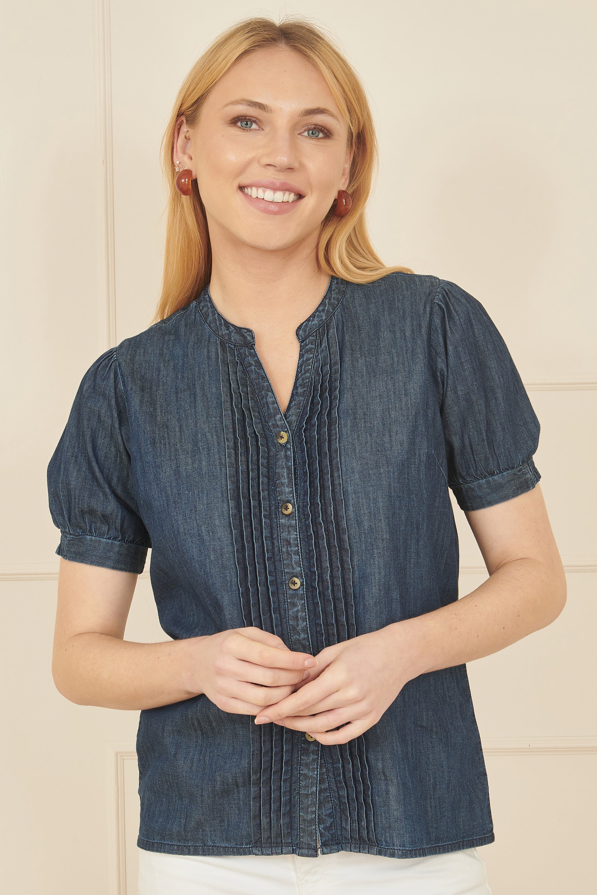 Yumi Blue Chambray Pleated Denim Shirt Top Yumi