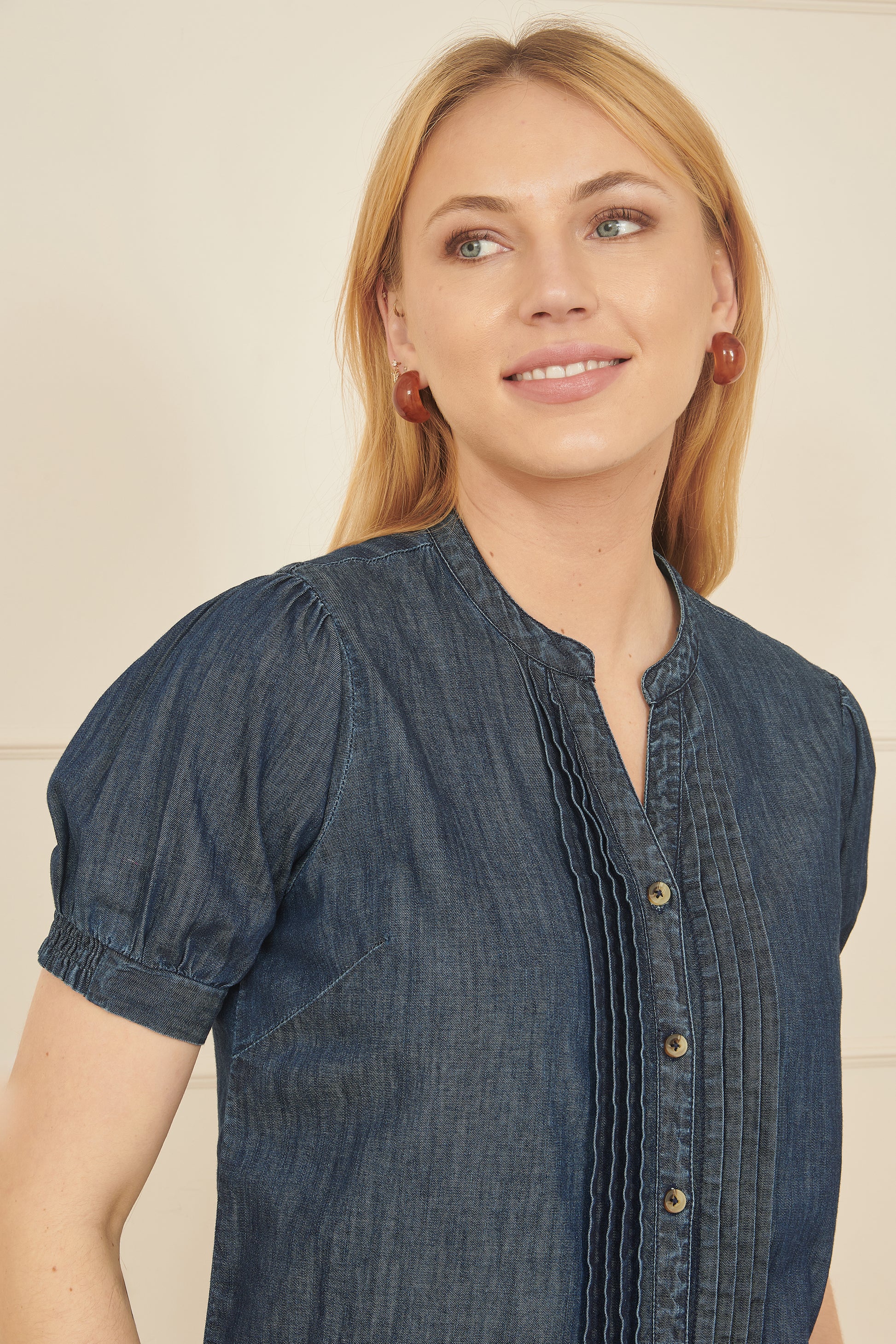 Yumi Blue Chambray Pleated Denim Shirt Top Yumi