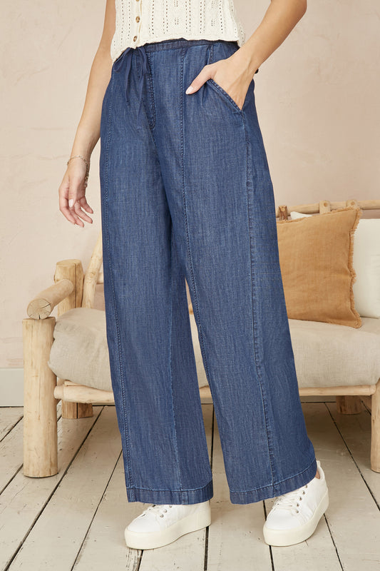 Yumi Blue Chambray Relaxed Fit Wide Leg Trousers TROUSER Yumi