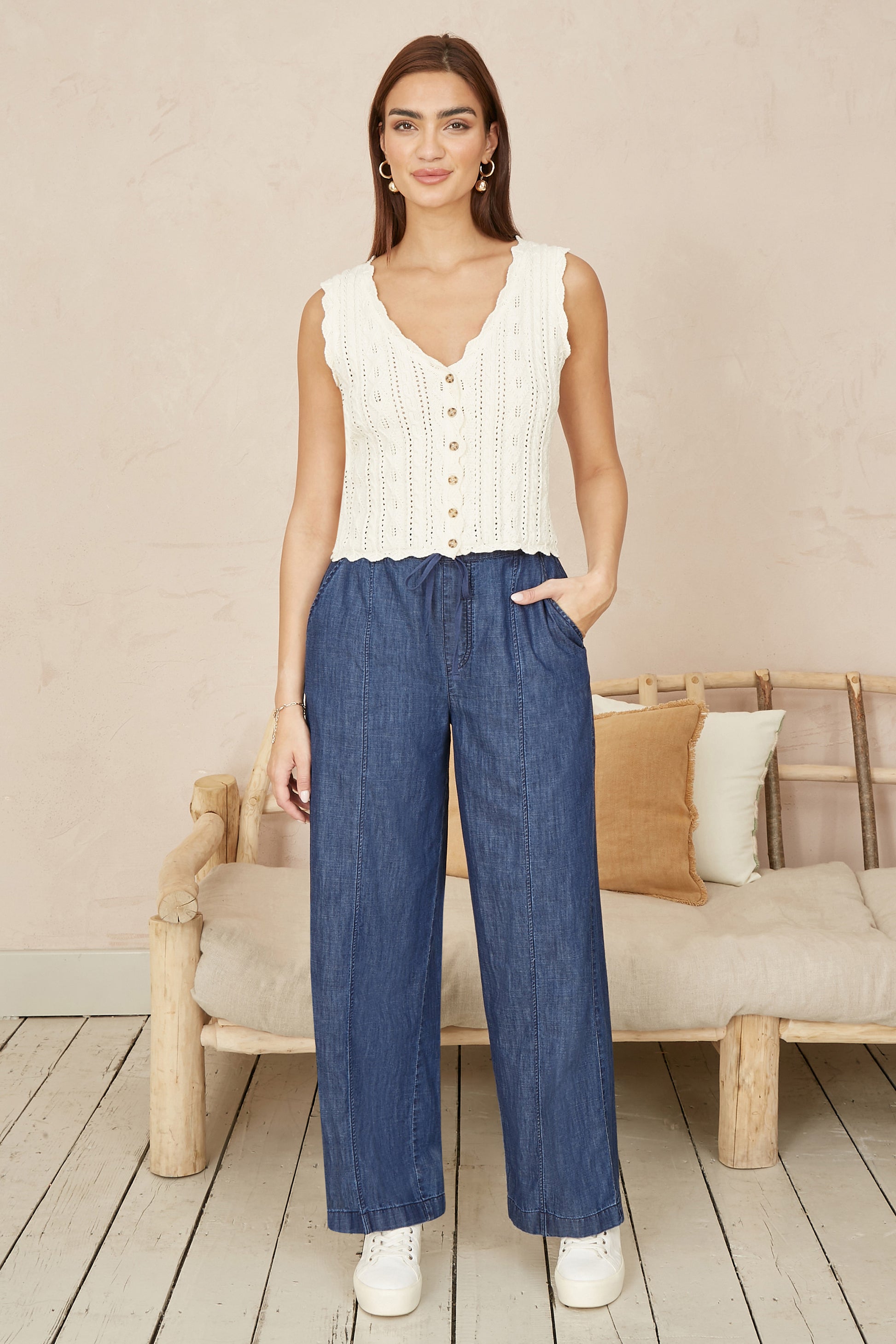 Yumi Blue Chambray Relaxed Fit Wide Leg Trousers TROUSER Yumi