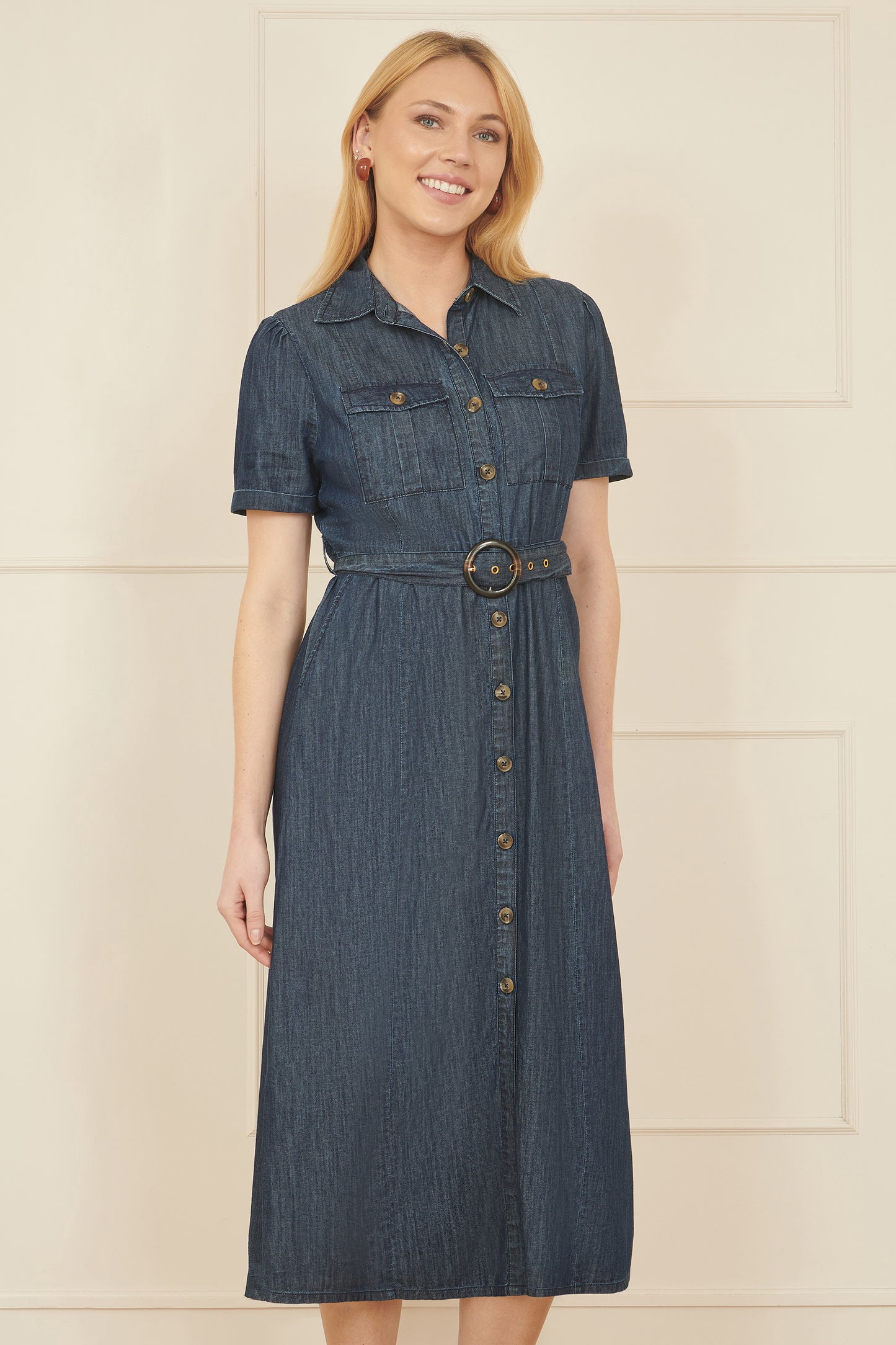 Yumi Blue Chambray Utility Midi Denim Shirt Dress DRES Day Yumi