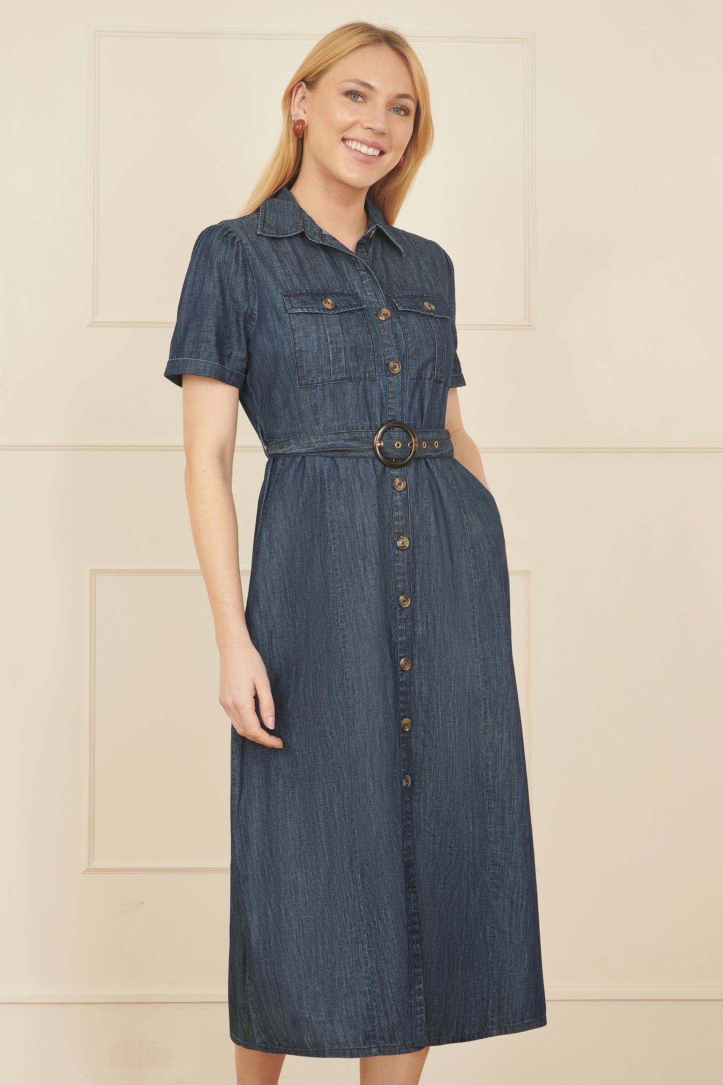 Yumi Blue Chambray Utility Midi Denim Shirt Dress DRES Day Yumi