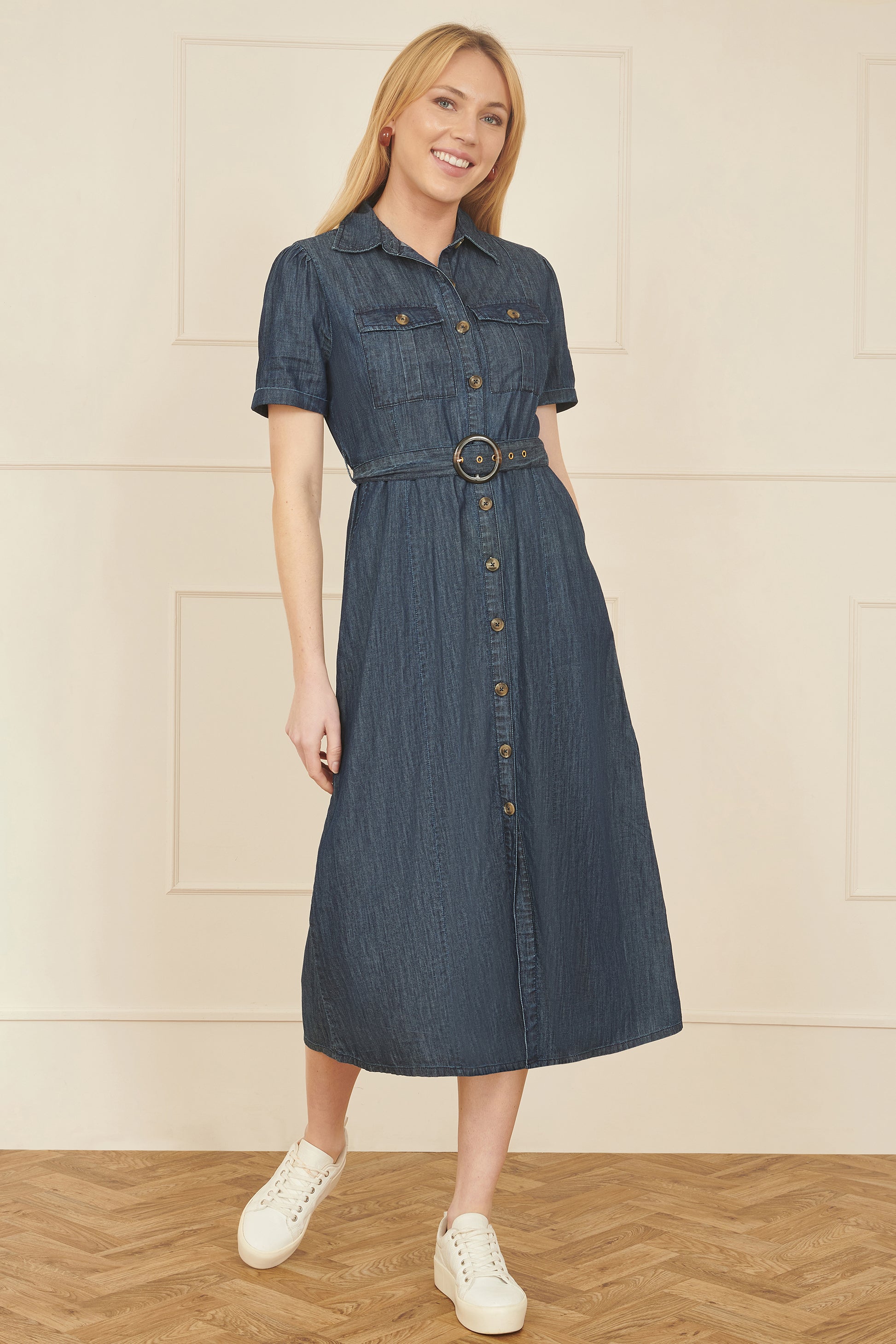 Yumi Blue Chambray Utility Midi Denim Shirt Dress DRES Day Yumi