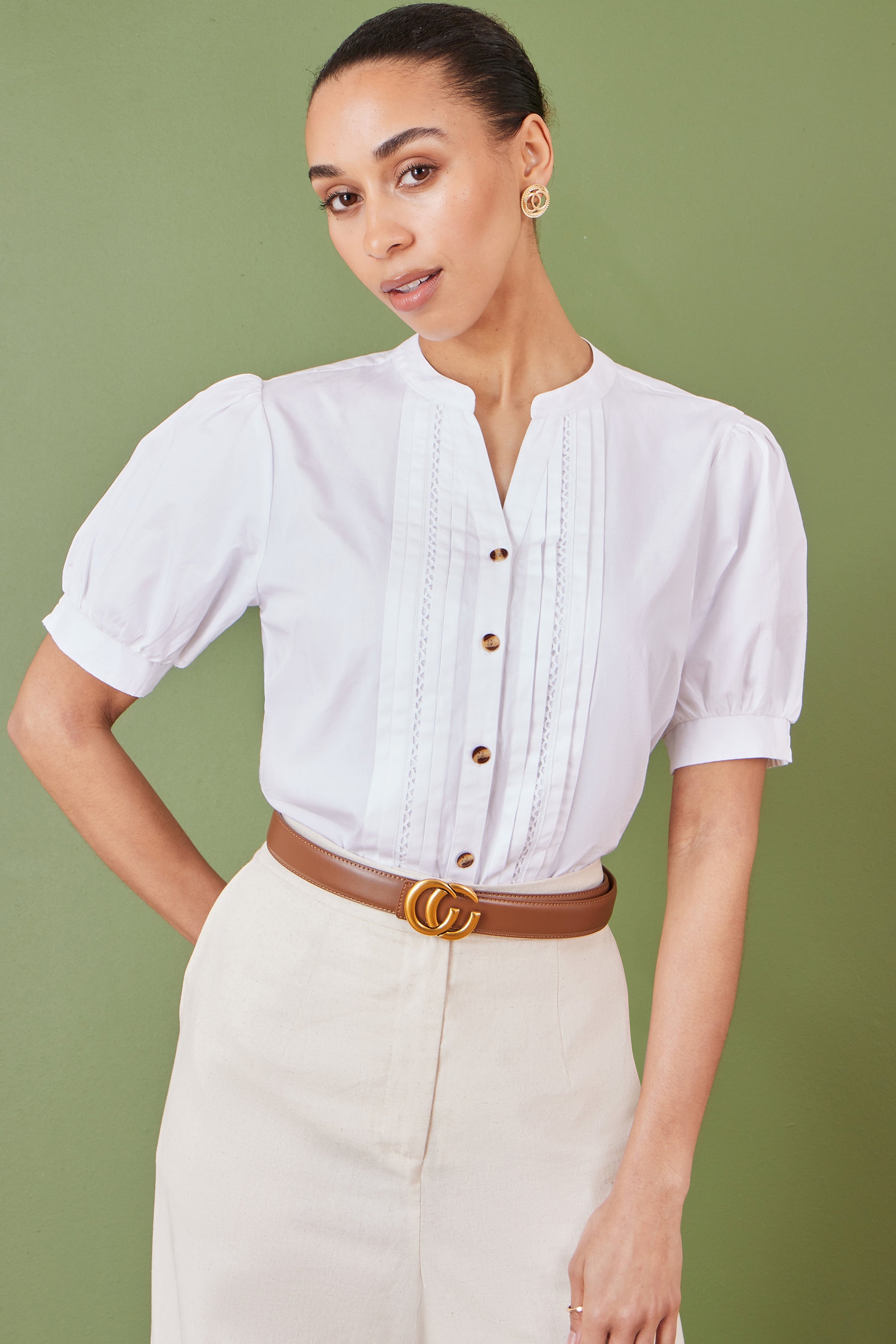 Yumi White Cotton Pleated short Sleeve Shirt Top Yumi