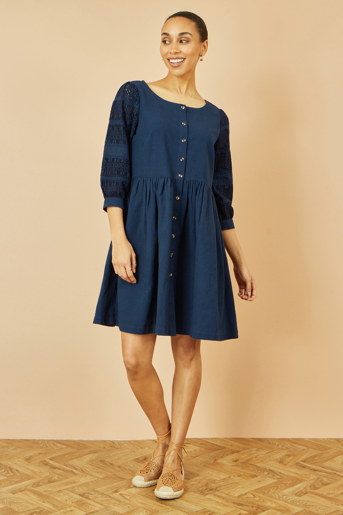 Yumi Navy Cotton Tunic With Broderie Anglaise Puff Sleeves