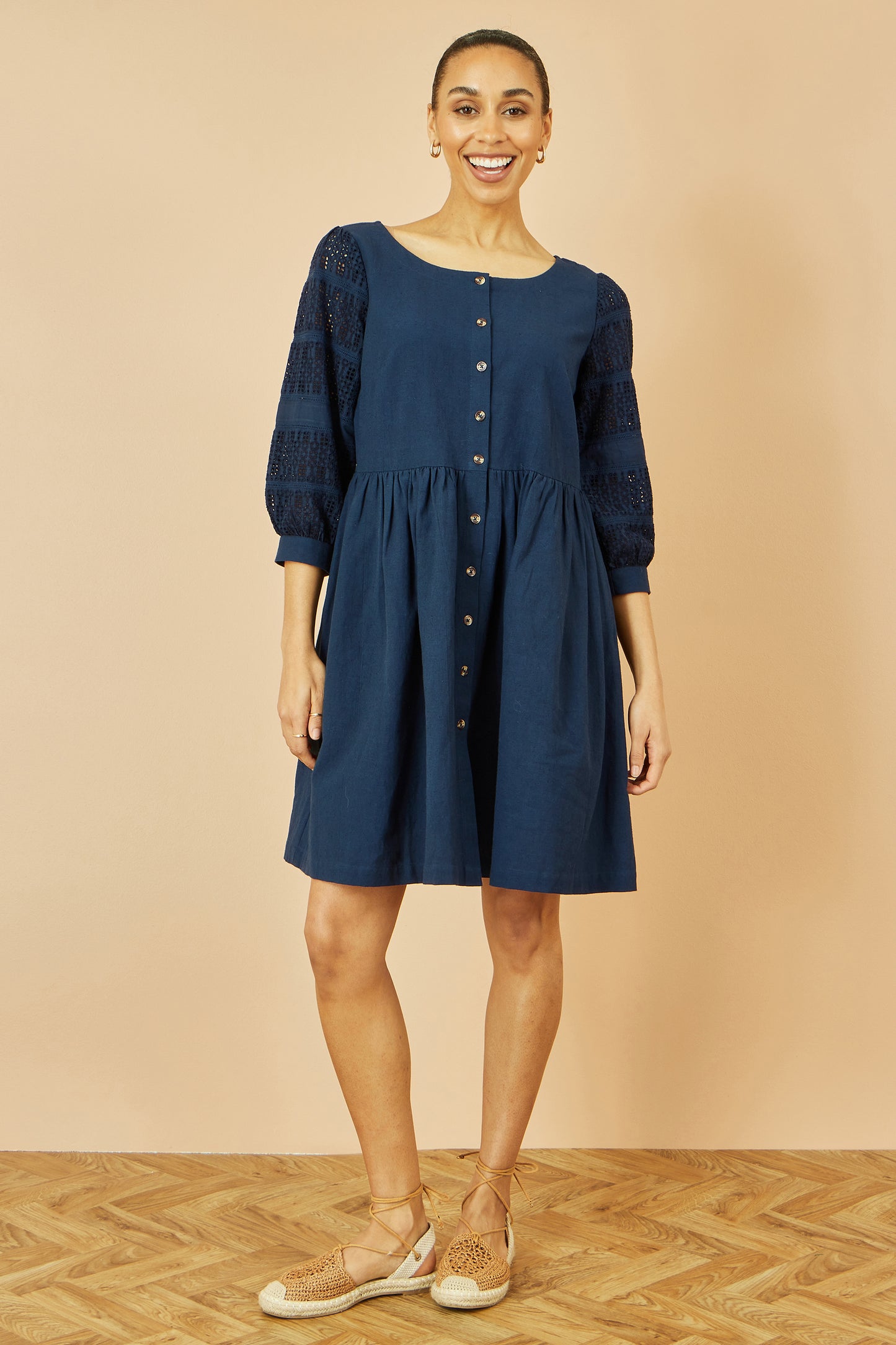 Yumi Navy Cotton Tunic With Broderie Anglaise Puff Sleeves