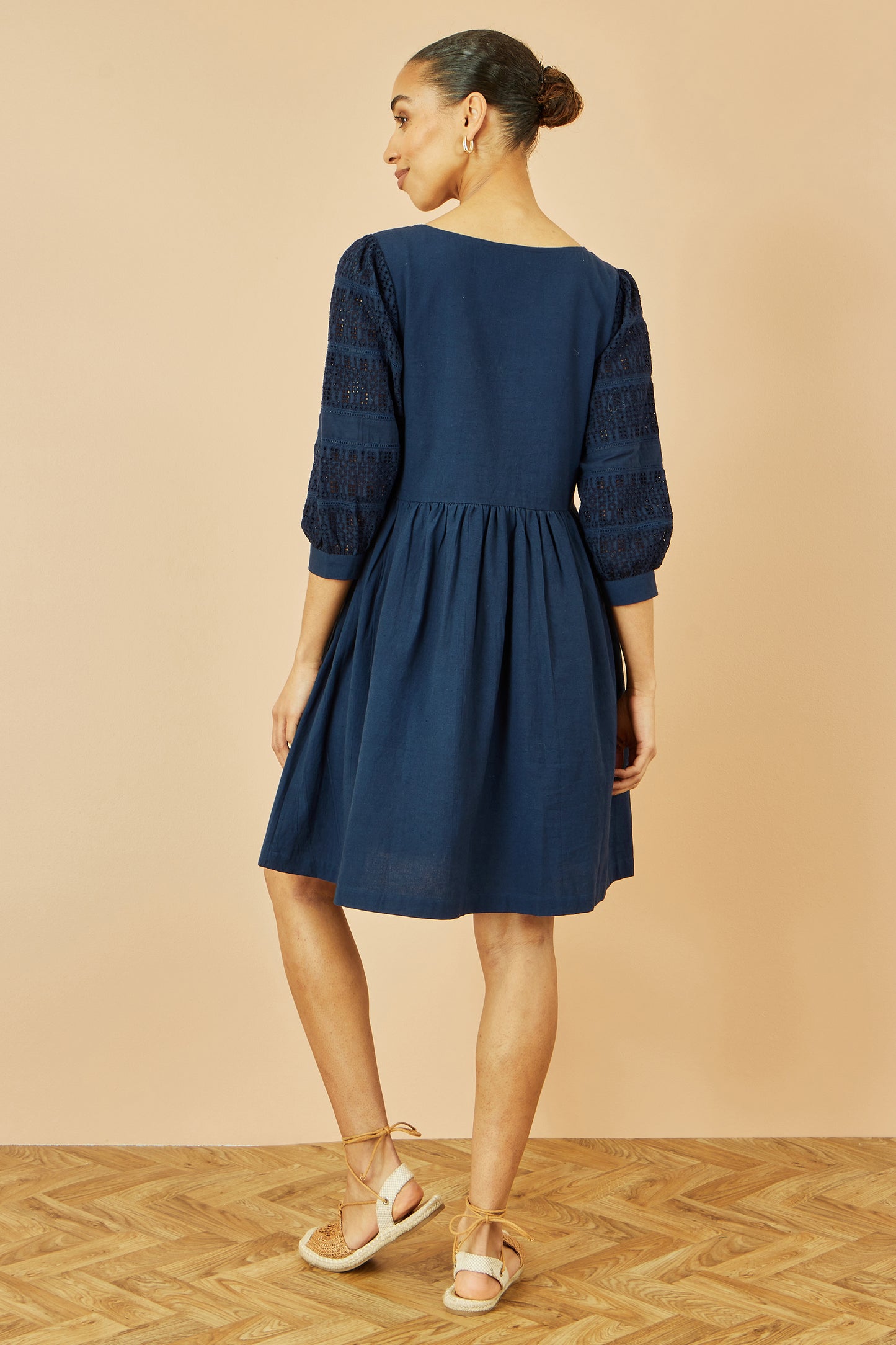 Yumi Navy Cotton Tunic With Broderie Anglaise Puff Sleeves