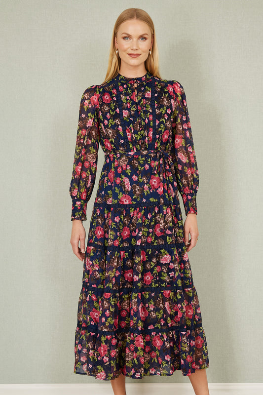 Yumi Navy Blossom Print Maxi Dress With Long Sleeves and Lace Trims Occasionwear Yumi