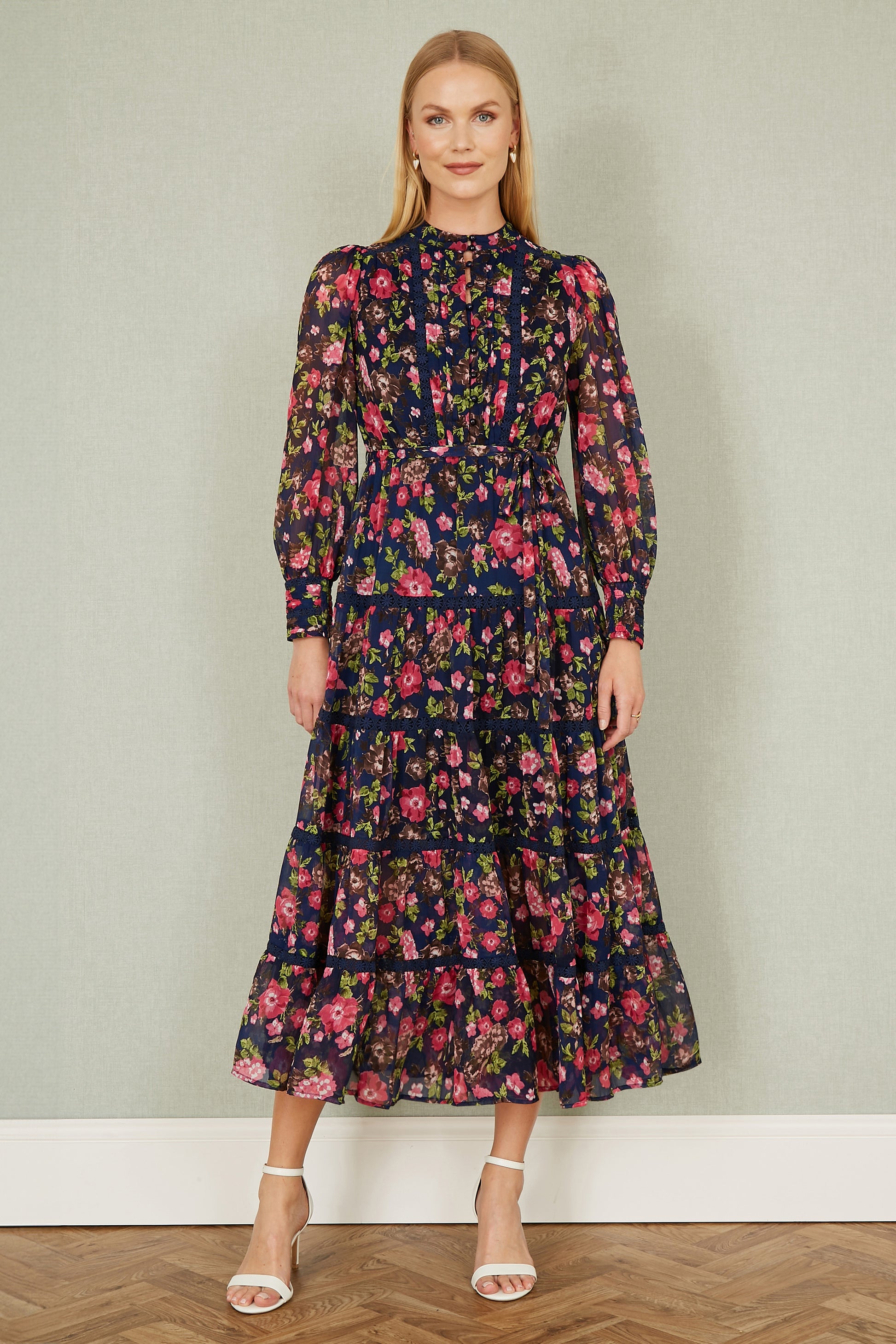 Yumi Navy Blossom Print Maxi Dress With Long Sleeves and Lace Trims Occasionwear Yumi