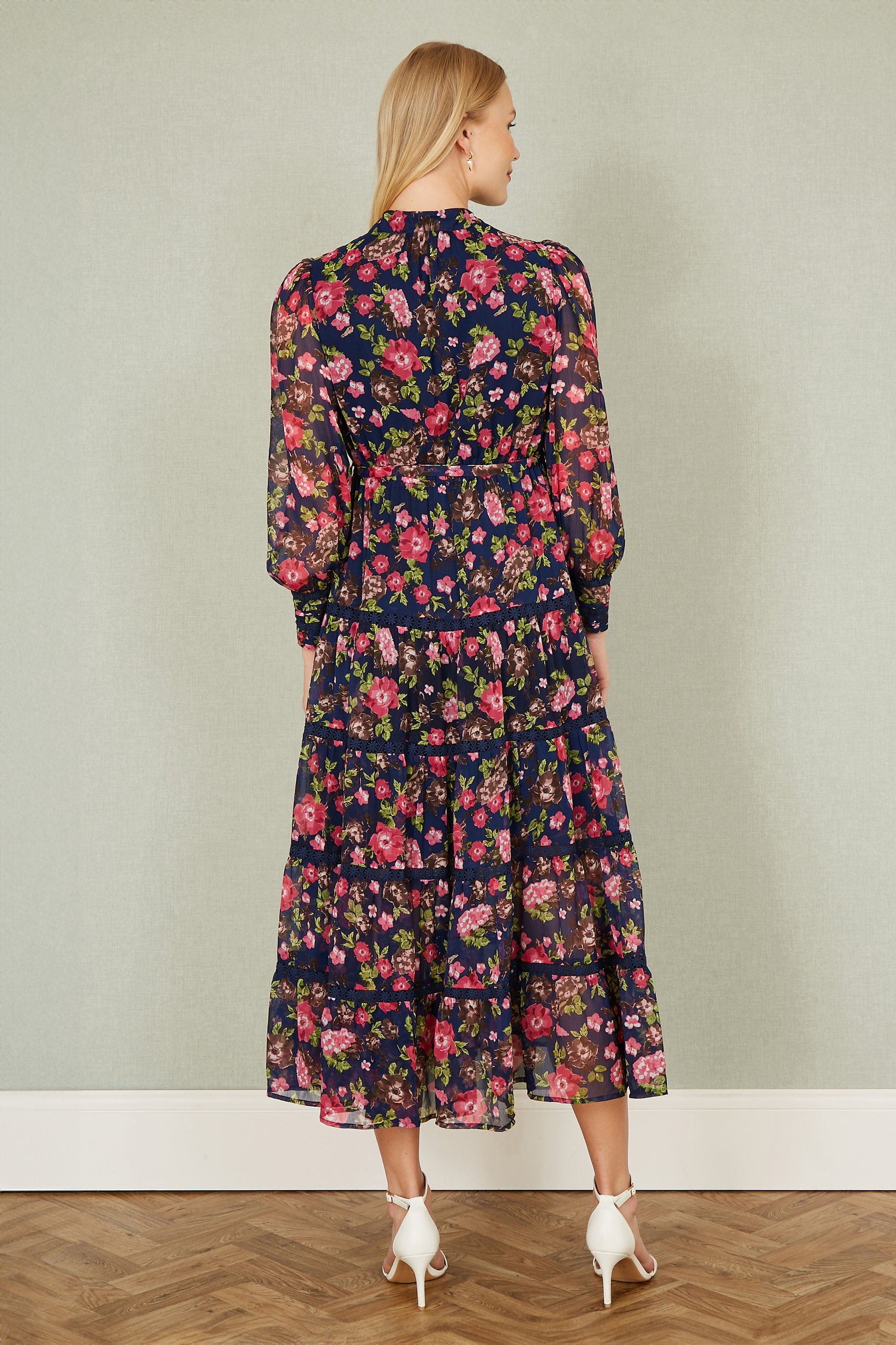 Yumi Navy Blossom Print Maxi Dress With Long Sleeves and Lace Trims Occasionwear Yumi