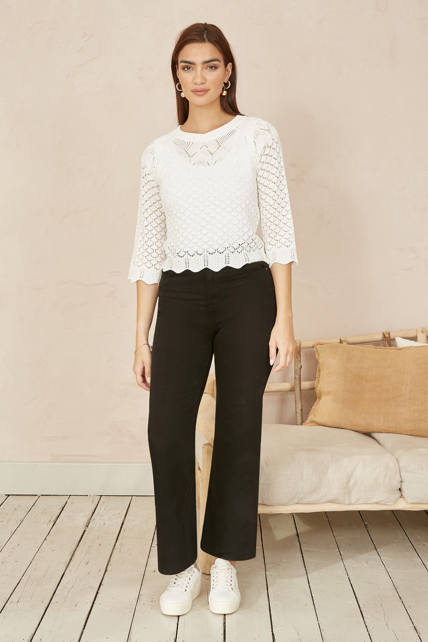 Yumi Ivory Crochet Knitted Top With Scallop Edge Knit Top Yumi