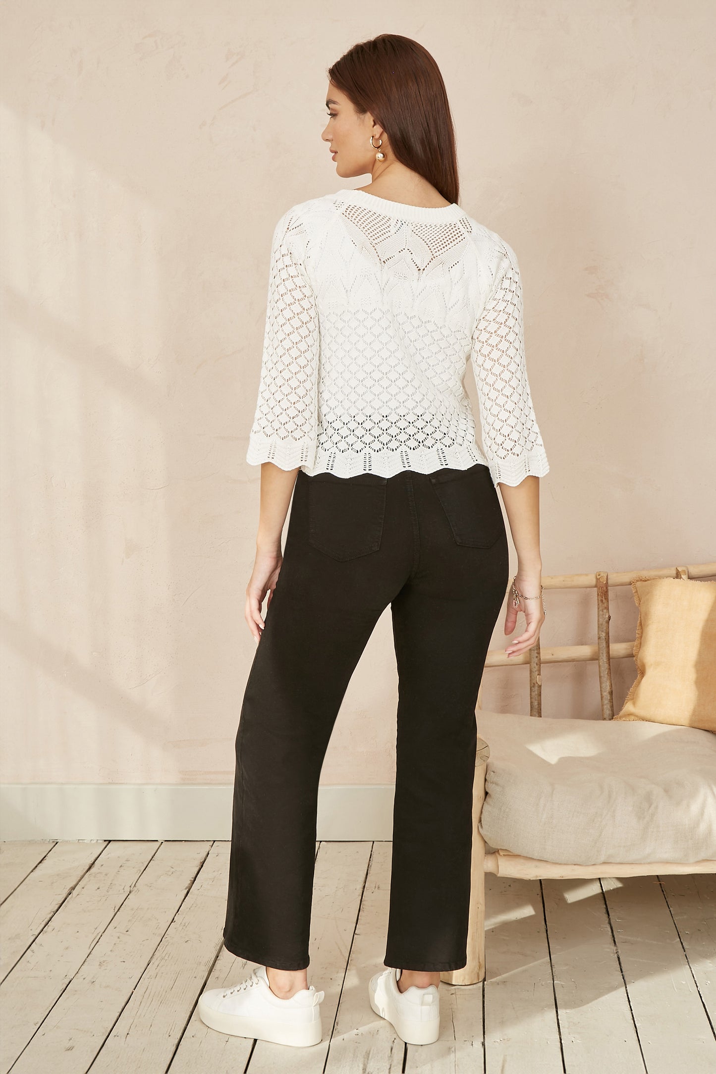 Yumi Ivory Crochet Knitted Top With Scallop Edge Knit Top Yumi