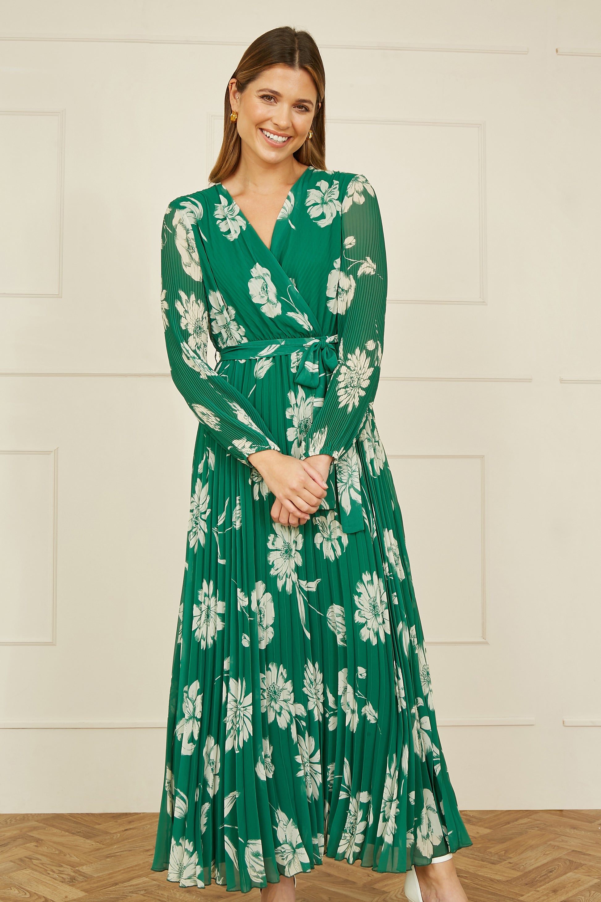 Yumi Green Floral Pleated Midi Wrap Long Sleeve Dress Occasionwear Yumi