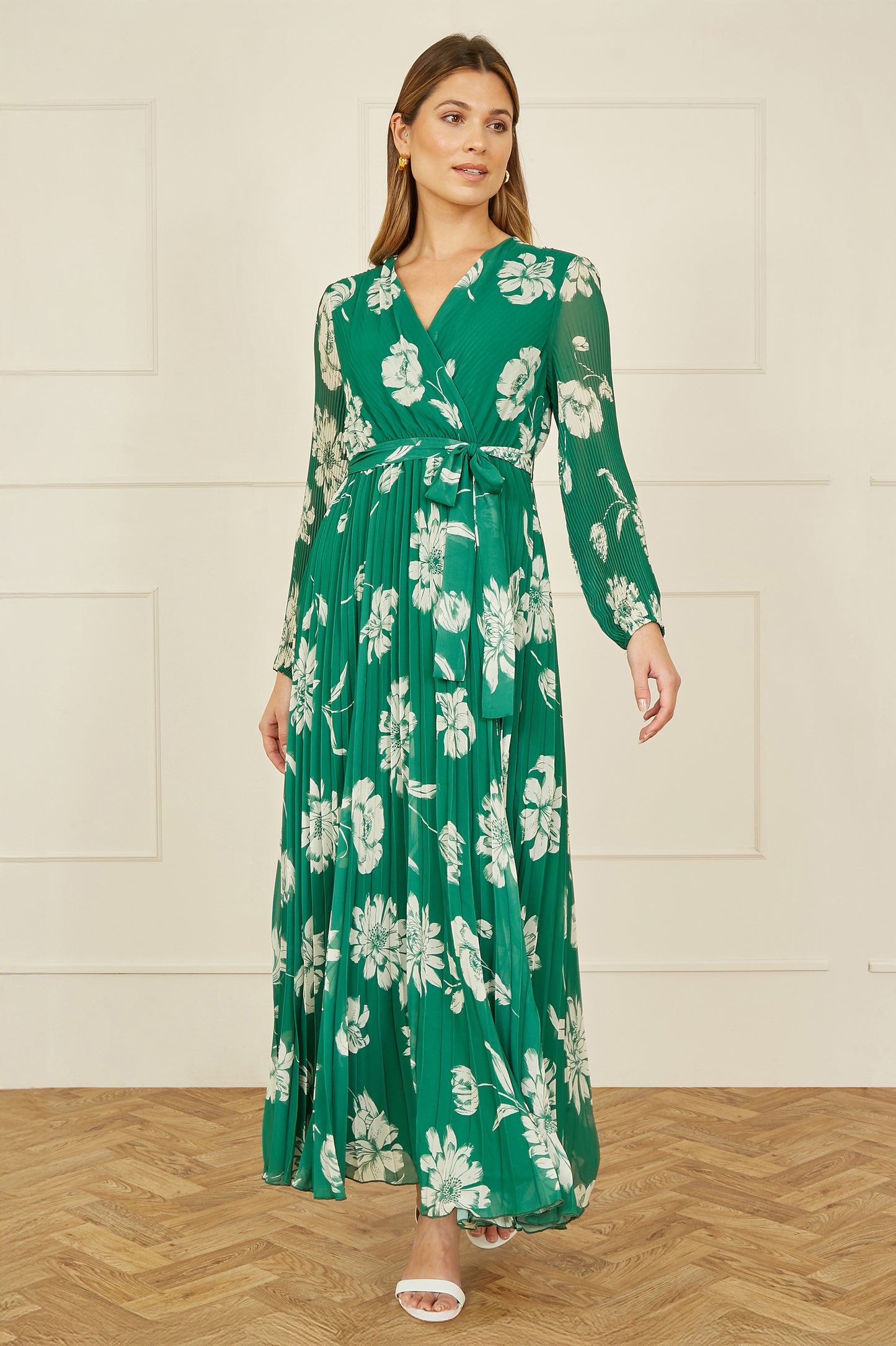 Yumi Green Floral Pleated Midi Wrap Long Sleeve Dress Occasionwear Yumi