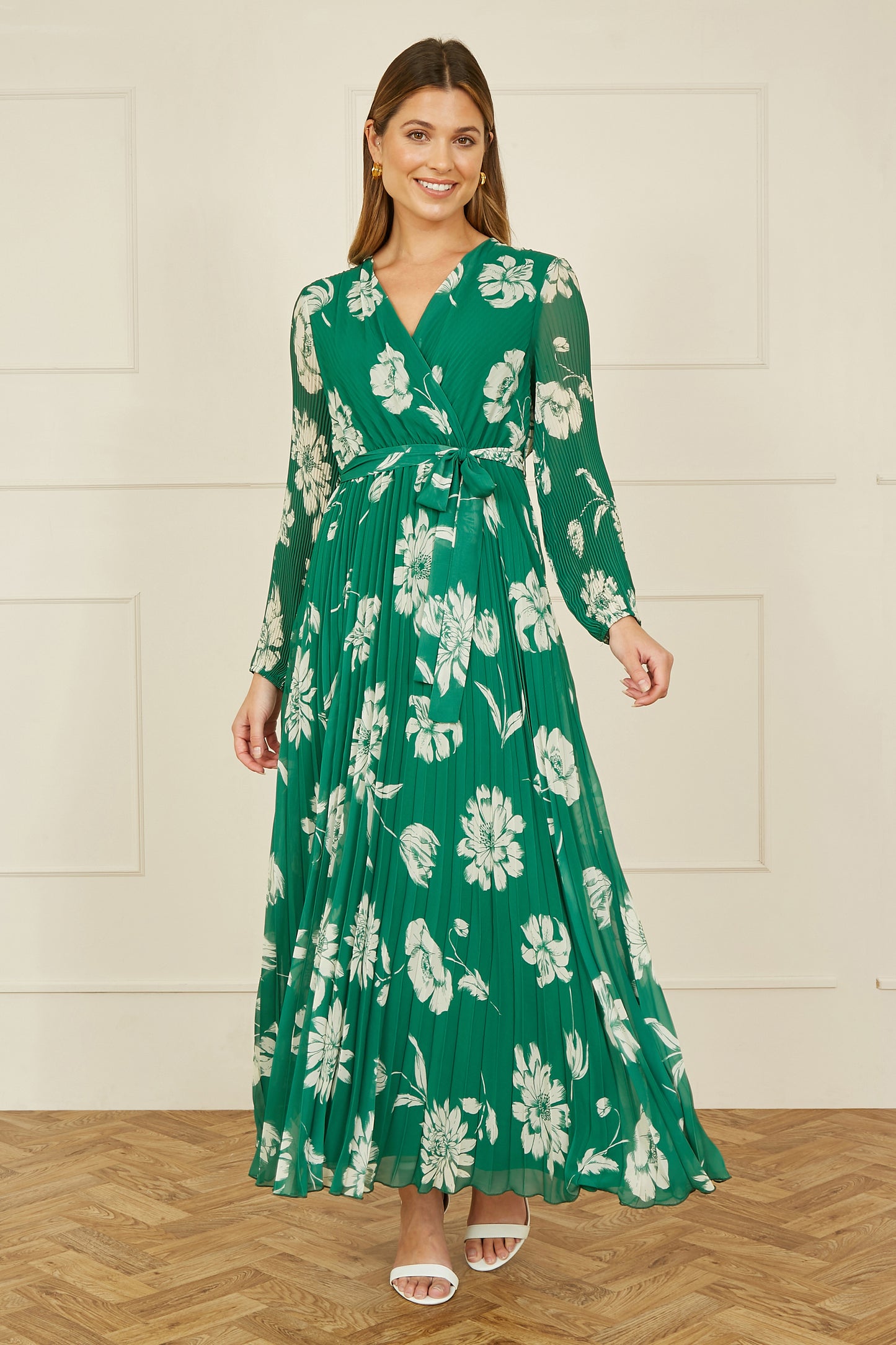 Yumi Green Floral Pleated Midi Wrap Long Sleeve Dress Occasionwear Yumi