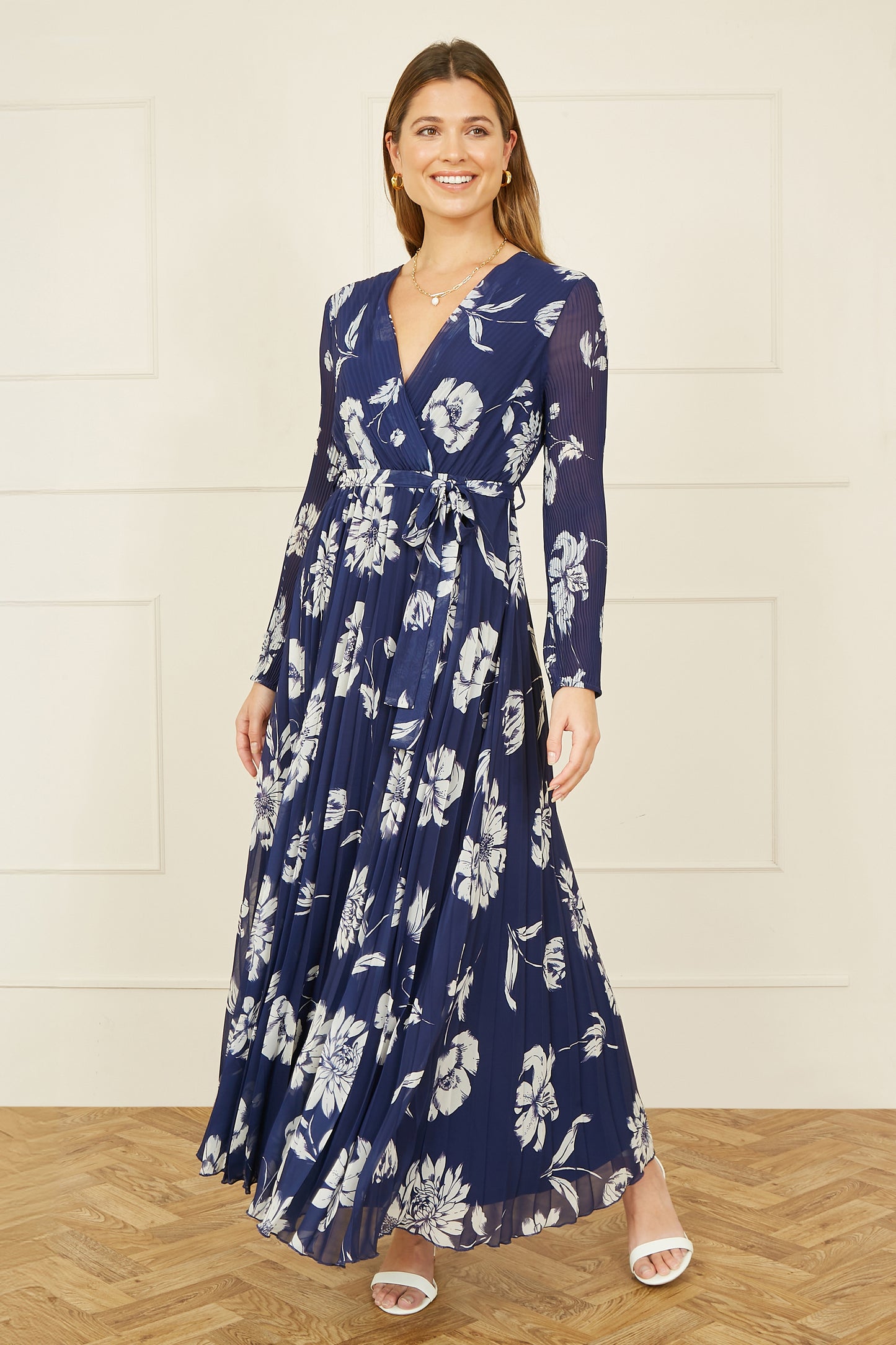 Yumi Navy Floral Pleated Midi Wrap Long Sleeve Dress Occasionwear Yumi