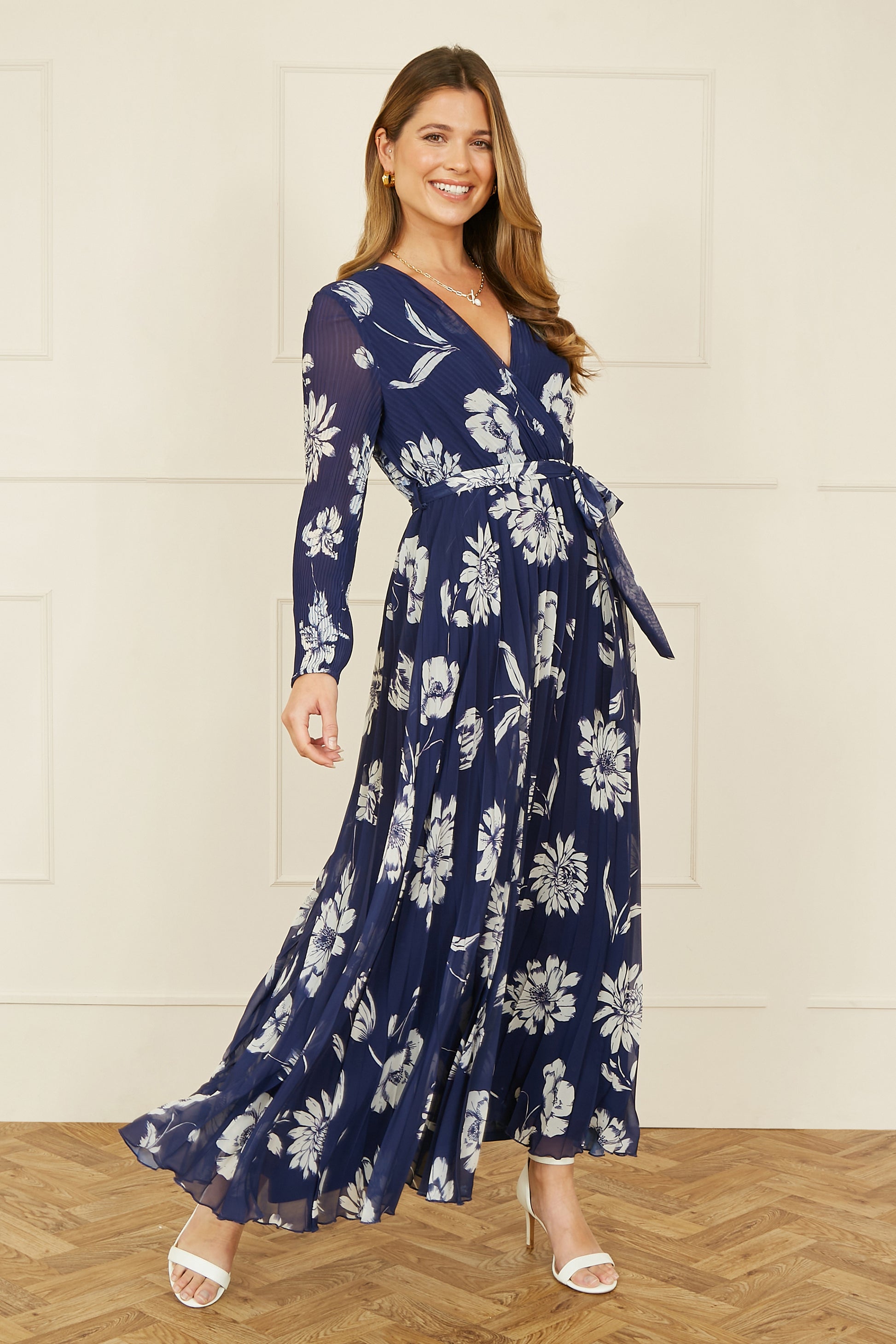 Yumi Navy Floral Pleated Midi Wrap Long Sleeve Dress Occasionwear Yumi