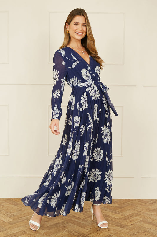 Yumi Navy Floral Pleated Midi Wrap Long Sleeve Dress Occasionwear Yumi