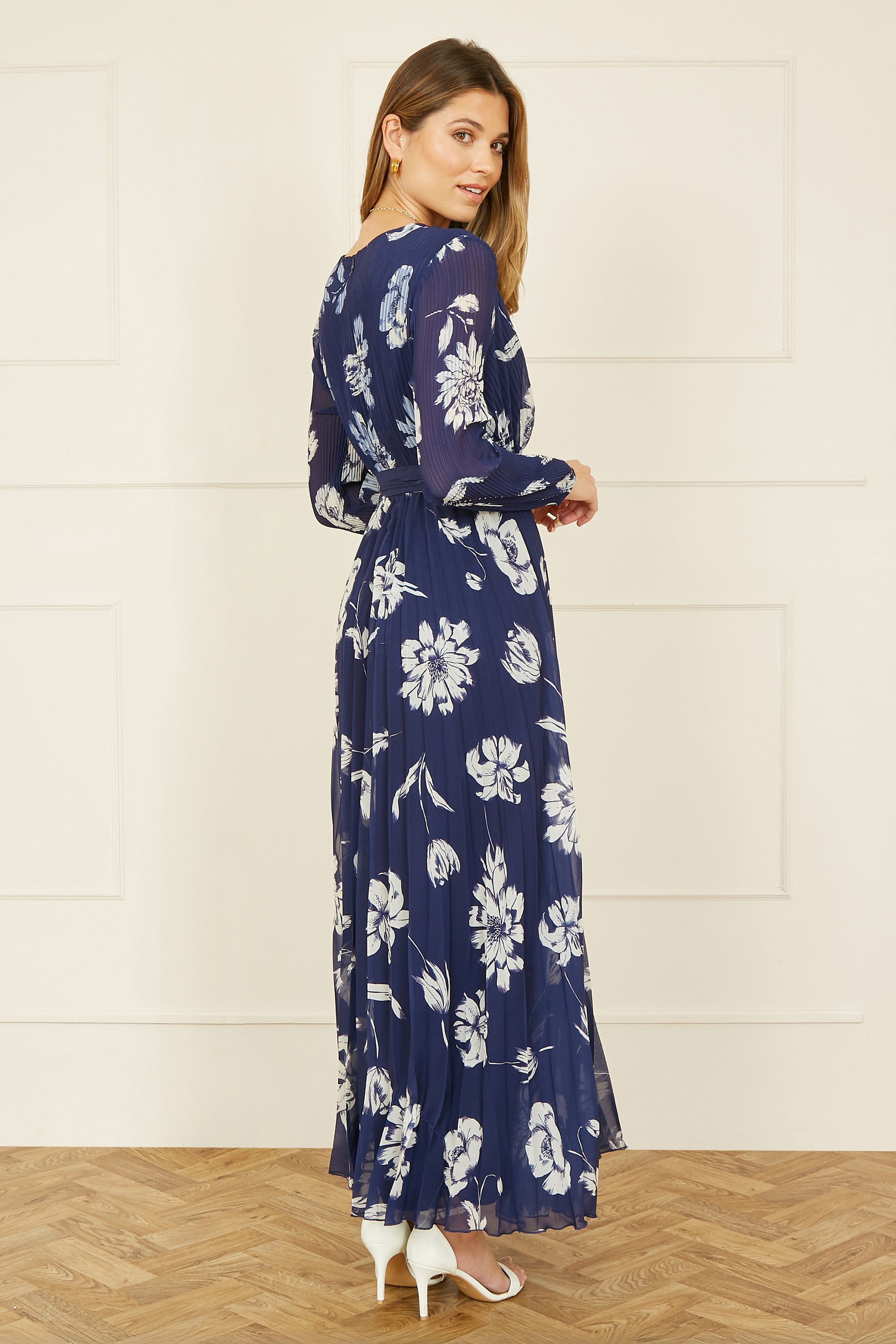 Yumi Navy Floral Pleated Midi Wrap Long Sleeve Dress Occasionwear Yumi