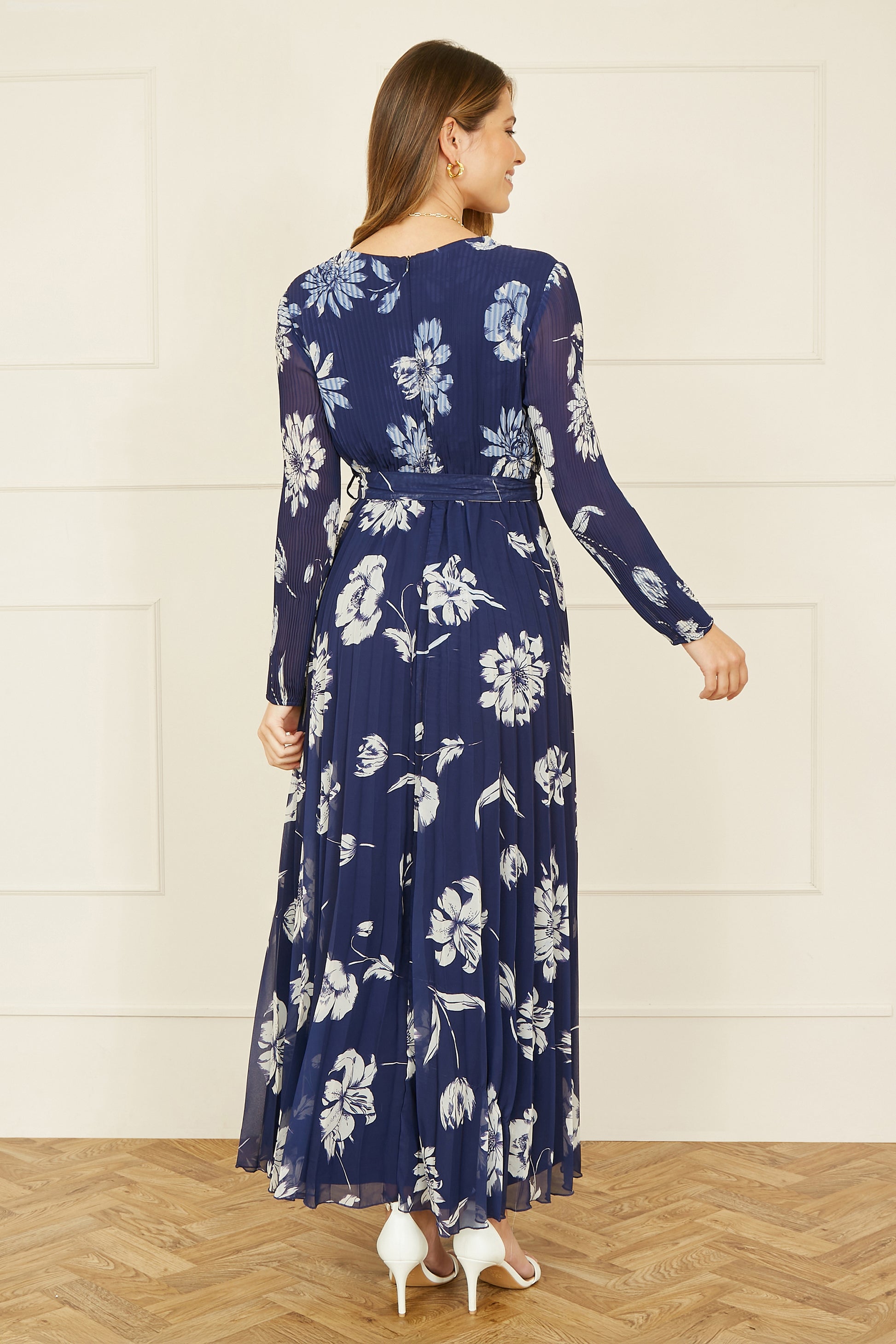 Yumi Navy Floral Pleated Midi Wrap Long Sleeve Dress Occasionwear Yumi