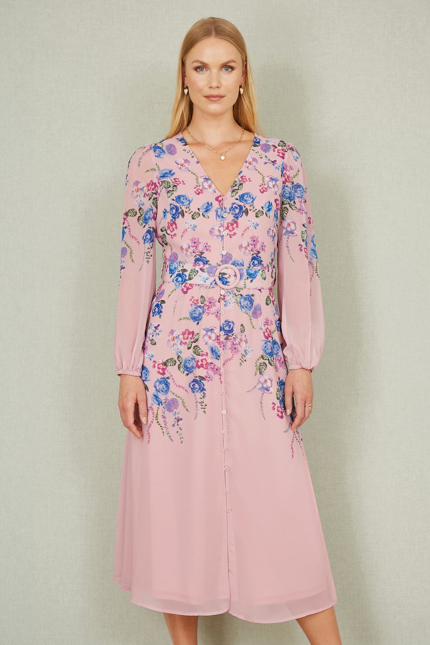 Yumi Pink Floral Placement Button Down Midi Dress With Long Sleeves Occasionwear Yumi