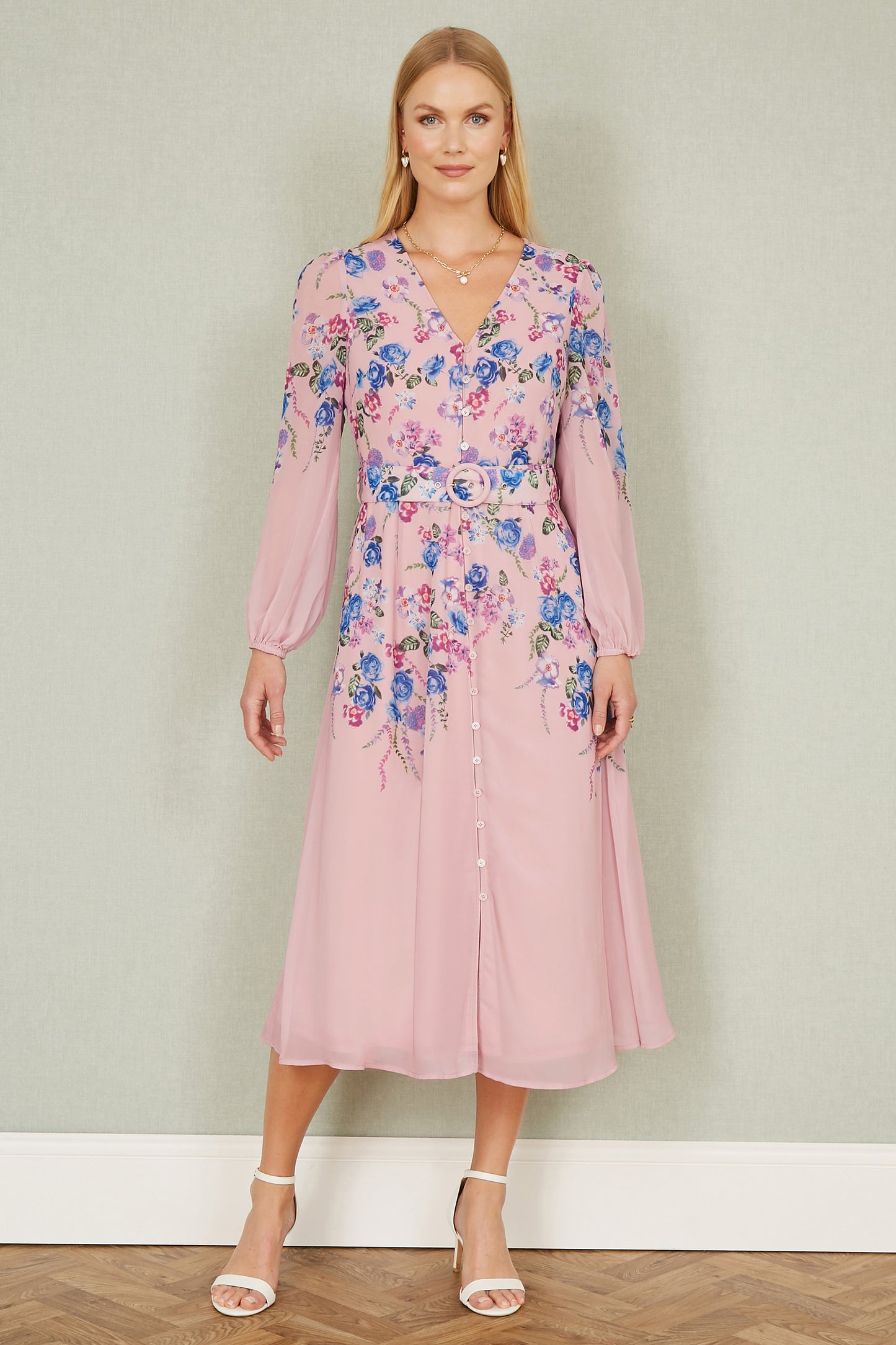 Yumi Pink Floral Placement Button Down Midi Dress With Long Sleeves Occasionwear Yumi