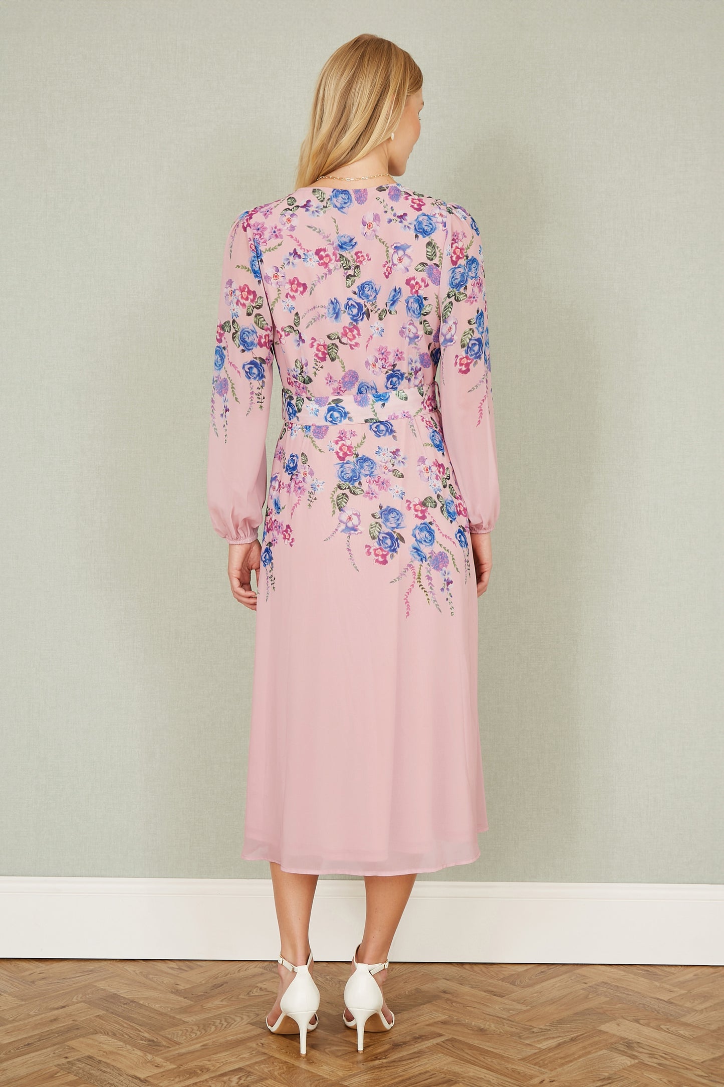 Yumi Pink Floral Placement Button Down Midi Dress With Long Sleeves Occasionwear Yumi