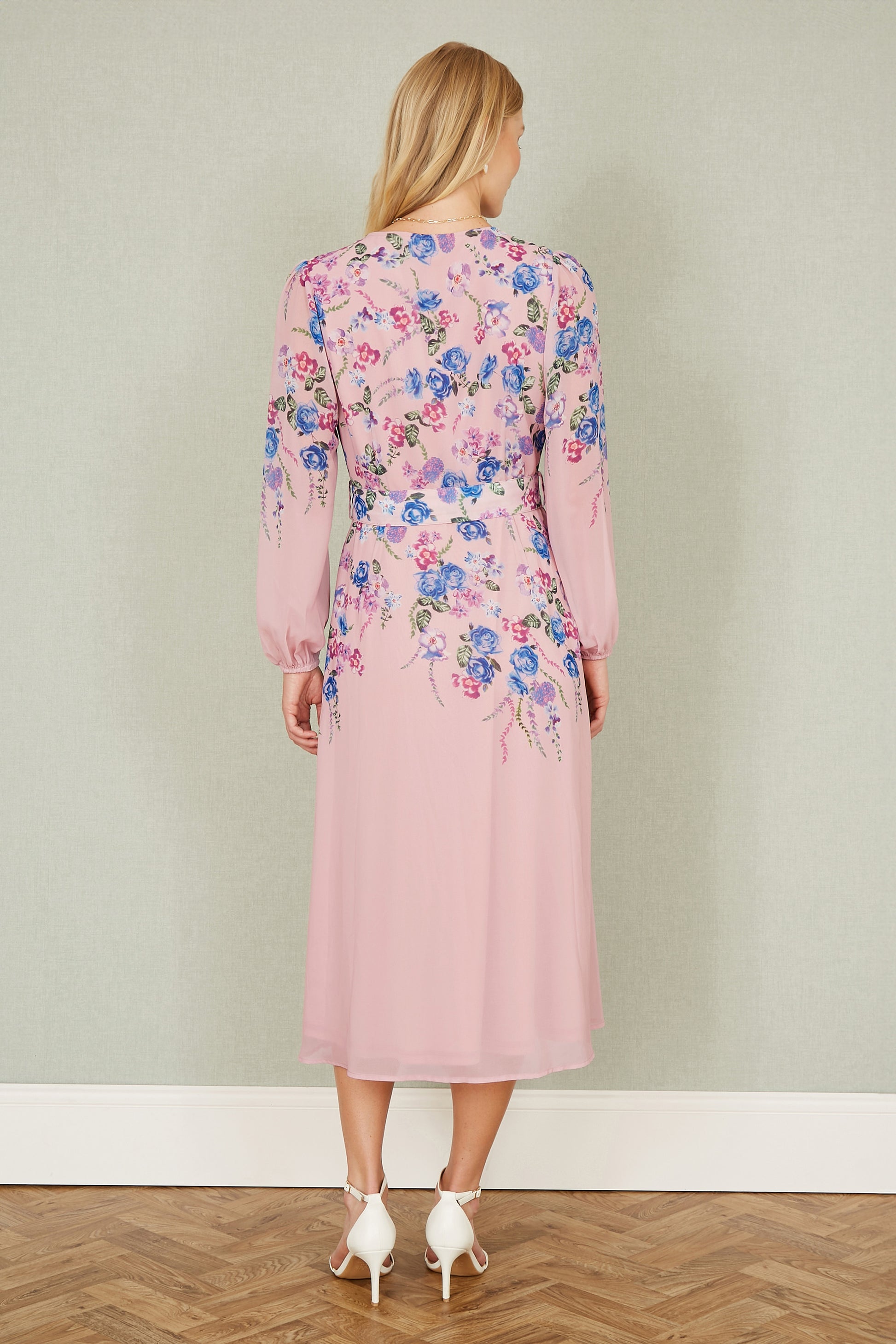 Yumi Pink Floral Placement Button Down Midi Dress With Long Sleeves Occasionwear Yumi