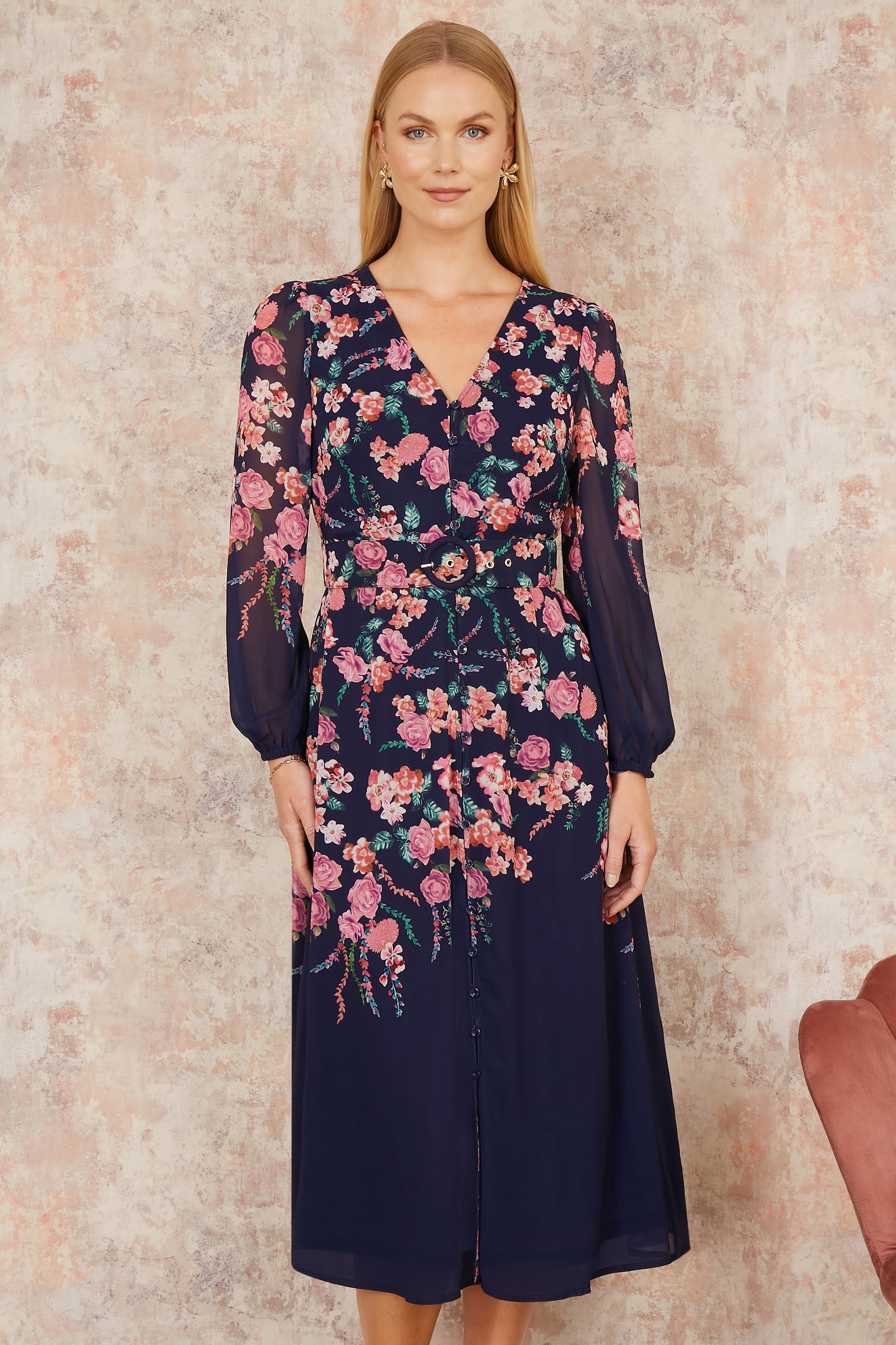 Yumi Navy Button Up Midi Dress With Floral Placement And Long Sleeves Occasionwear Yumi