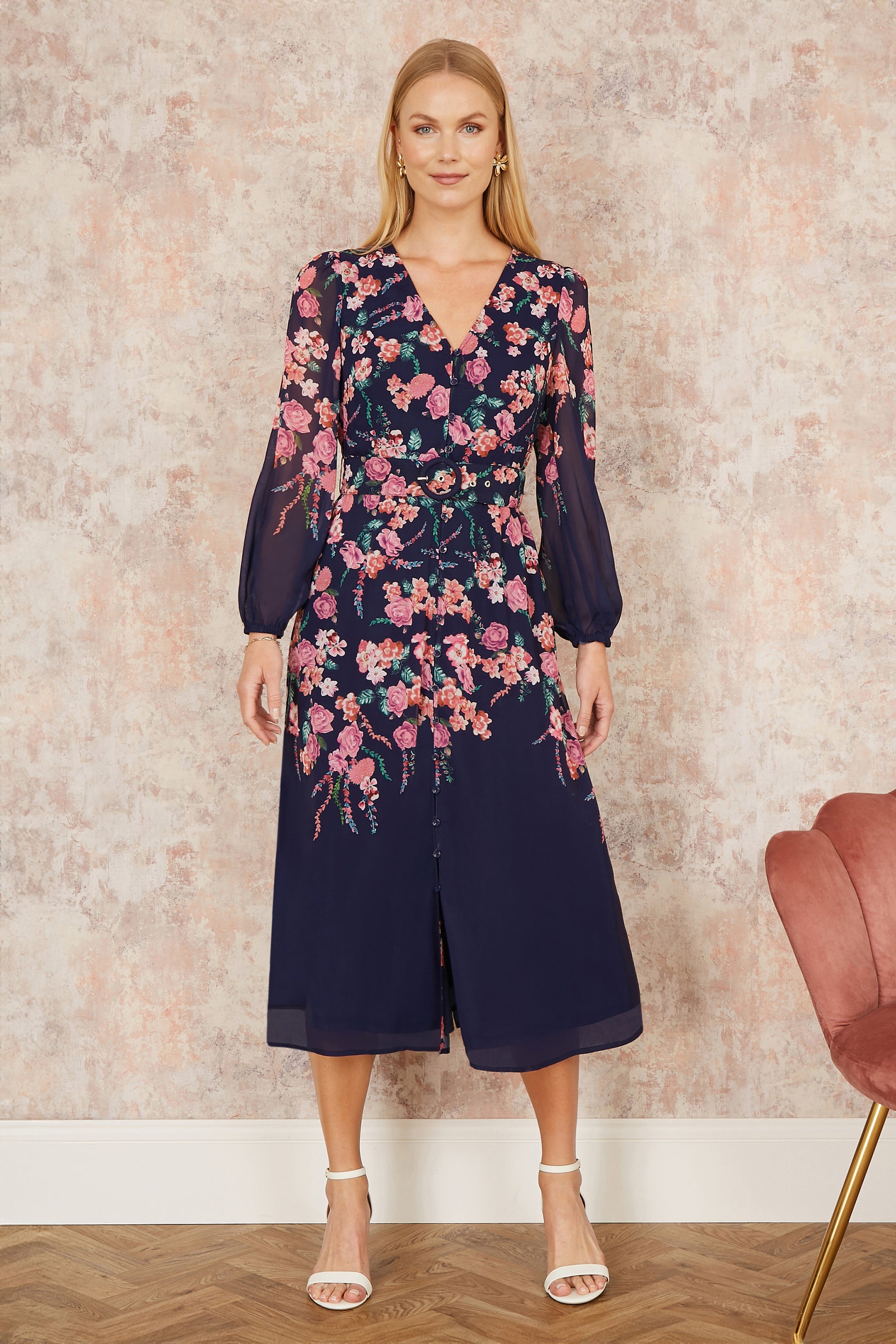 Yumi Navy Button Up Midi Dress With Floral Placement And Long Sleeves Occasionwear Yumi