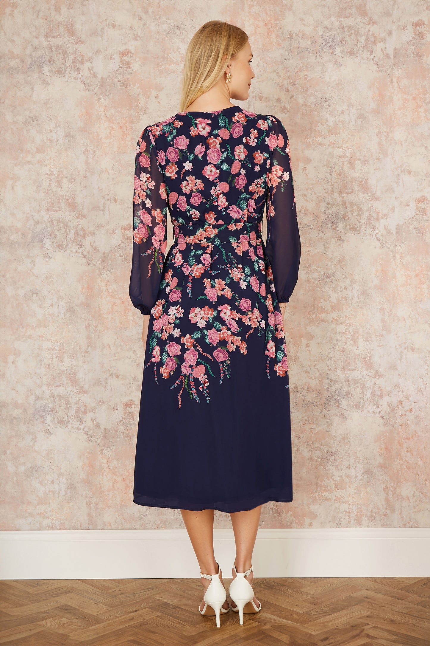 Yumi Navy Button Up Midi Dress With Floral Placement And Long Sleeves Occasionwear Yumi