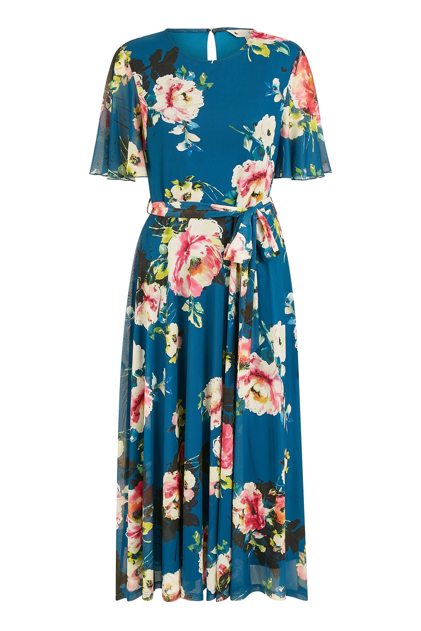 Yumi Green Mesh Floral Midi Dress With Angel Sleeves Occasionwear Yumi