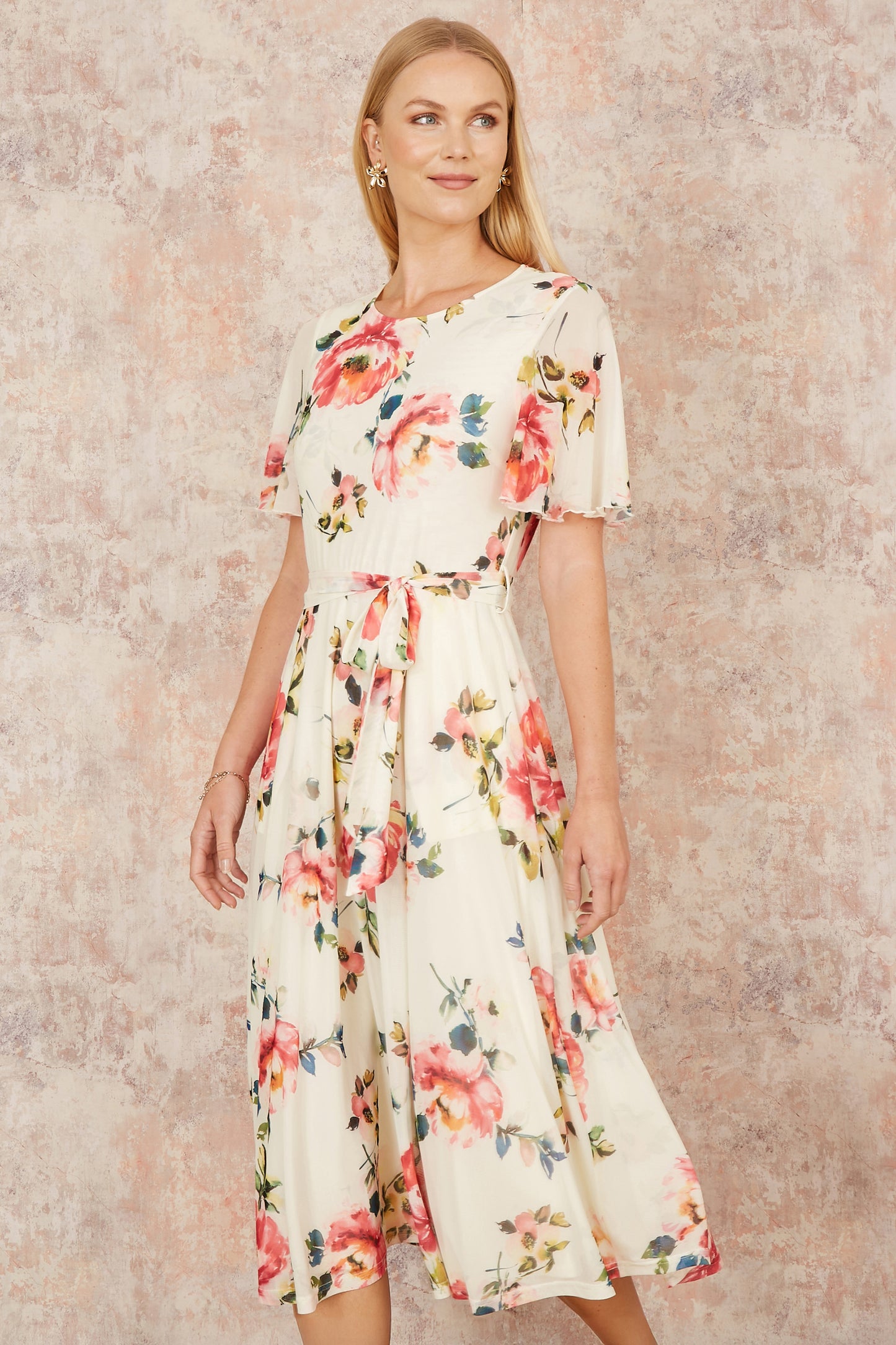 Yumi Ivory Mesh Floral Print Midi Dress With Angel Sleeves Occasionwear Yumi