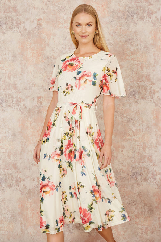 Yumi Ivory Mesh Floral Print Midi Dress With Angel Sleeves Occasionwear Yumi