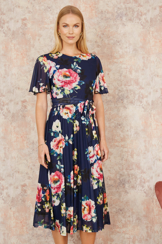 Yumi Navy Mesh Floral Print Midi Dress With Angel Sleeves Occasionwear Yumi