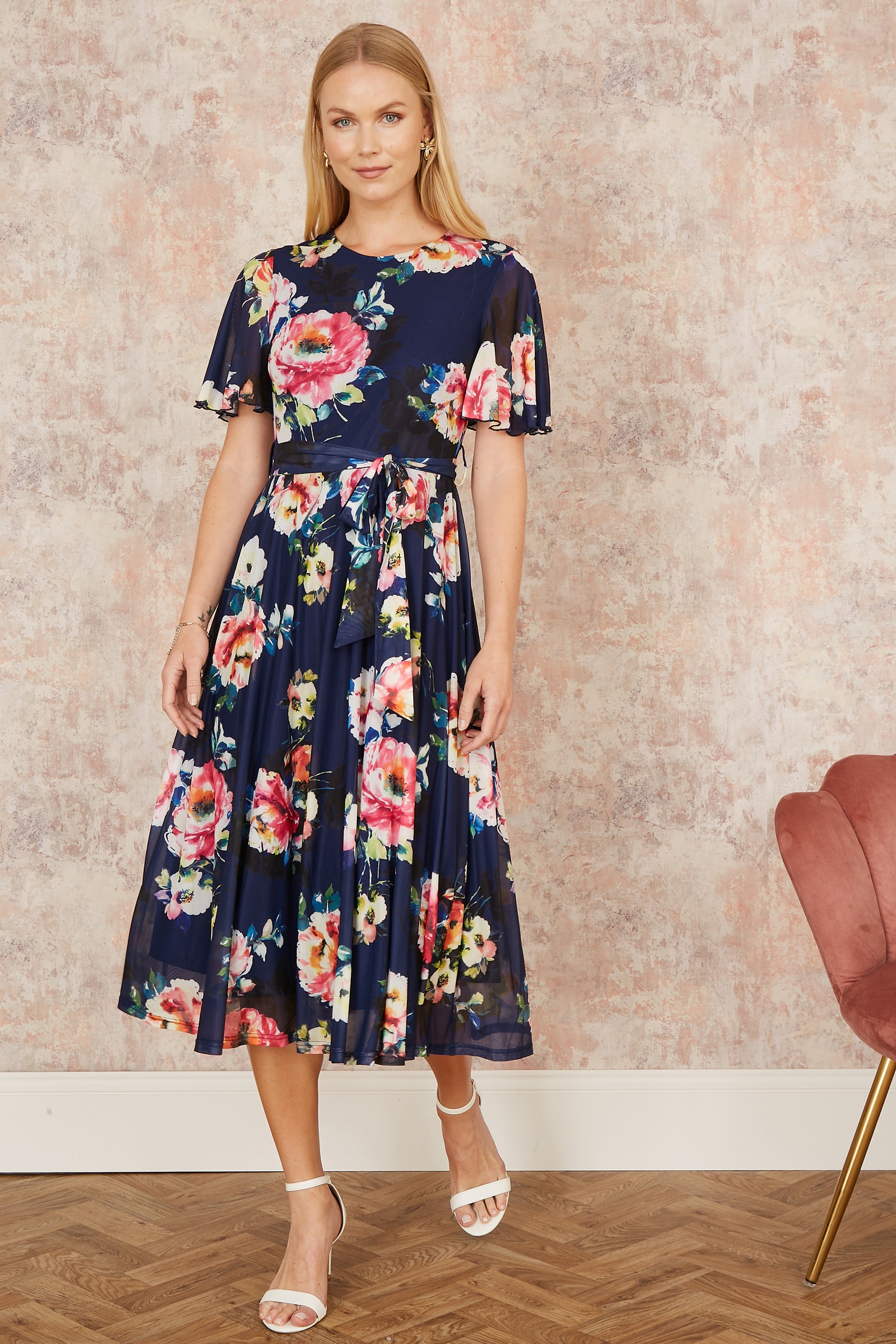 Yumi Navy Mesh Floral Print Midi Dress With Angel Sleeves Occasionwear Yumi