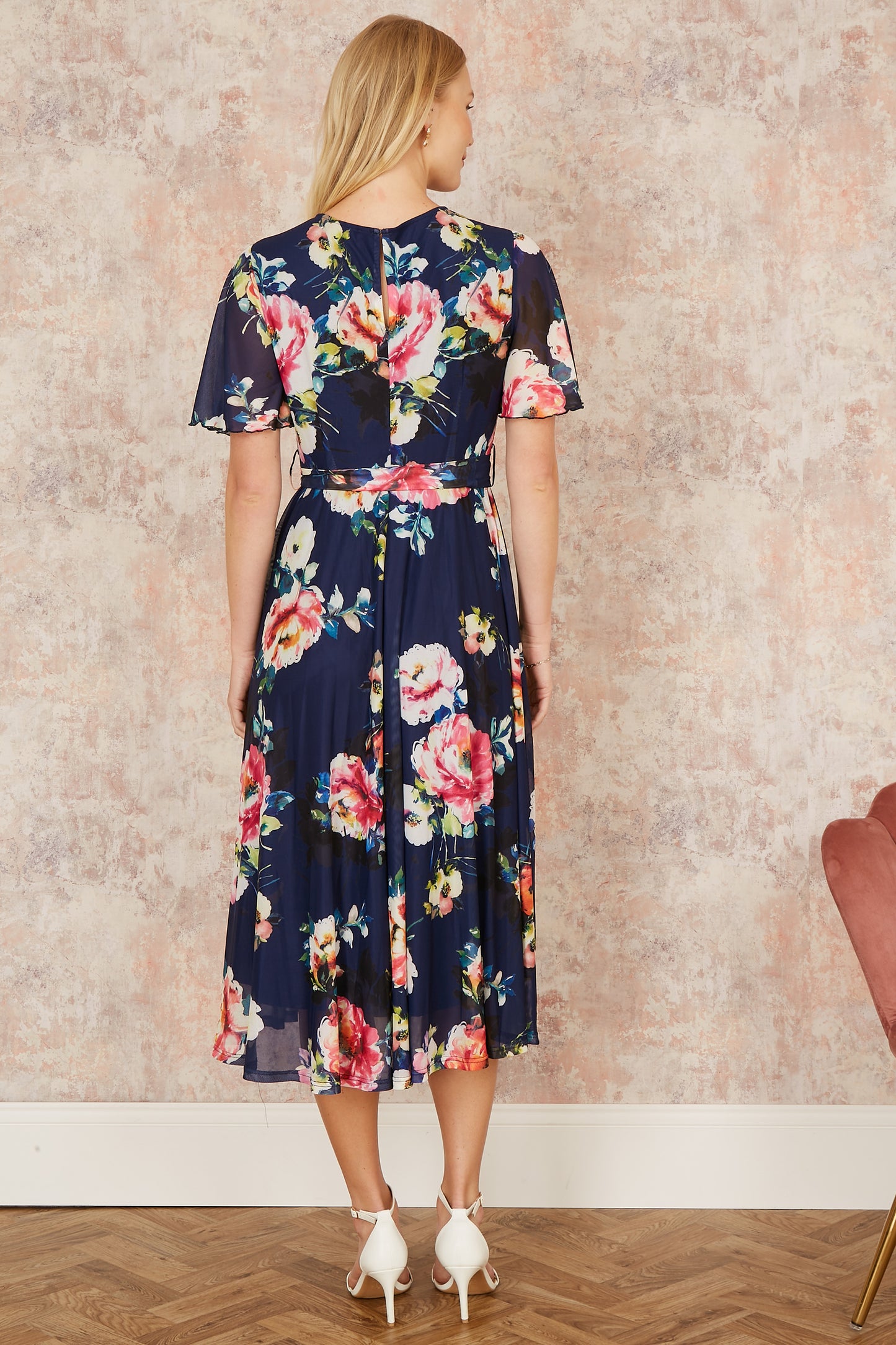 Yumi Navy Mesh Floral Print Midi Dress With Angel Sleeves Occasionwear Yumi