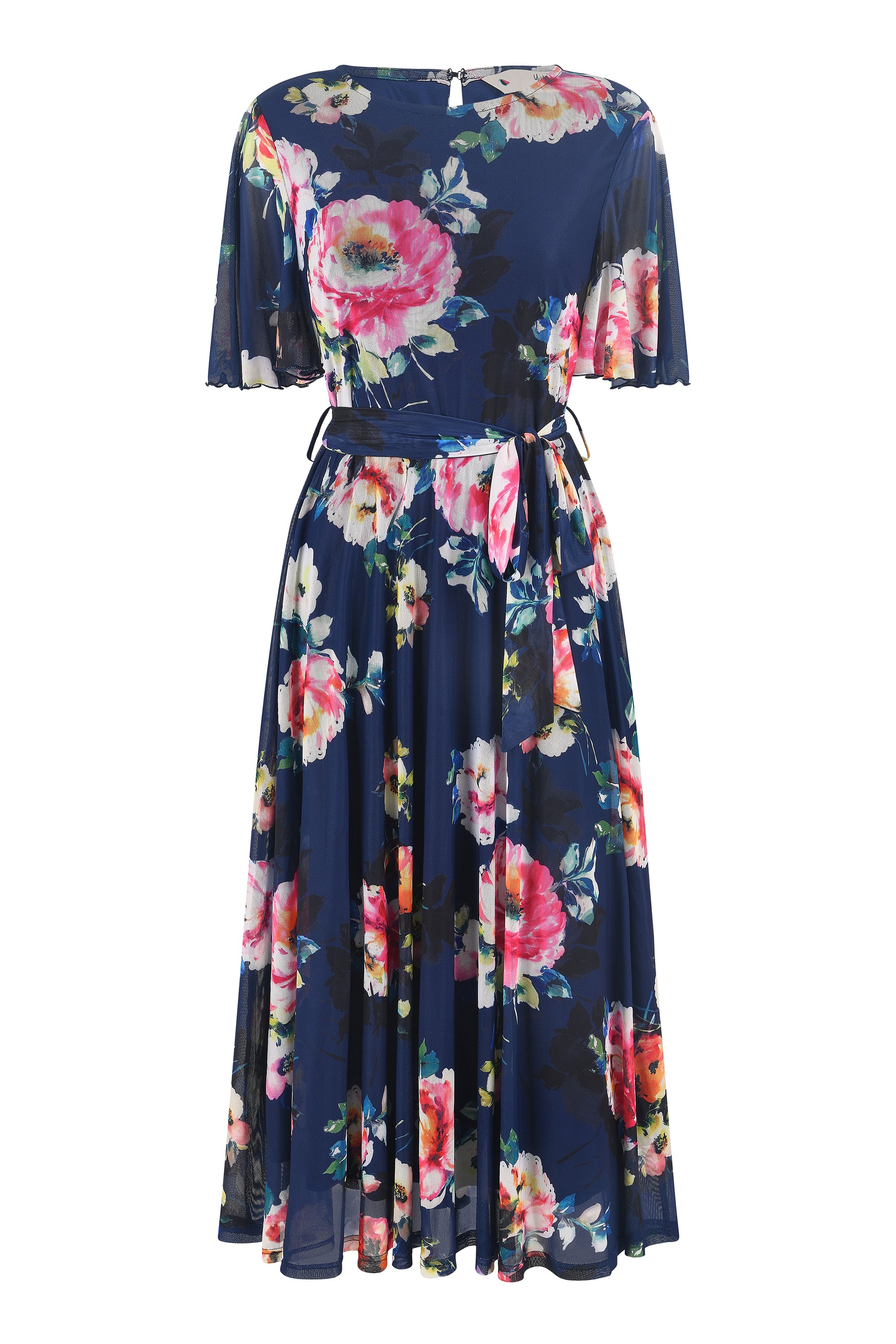 Yumi Navy Mesh Floral Print Midi Dress With Angel Sleeves Occasionwear Yumi