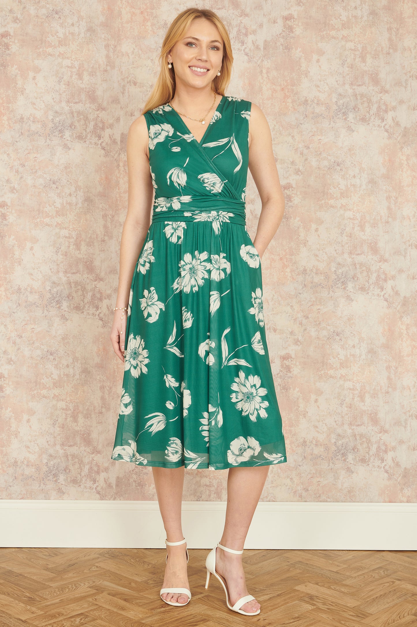 Yumi Green Floral Print Stretch Mesh Dress With Pockets Occasionwear Yumi