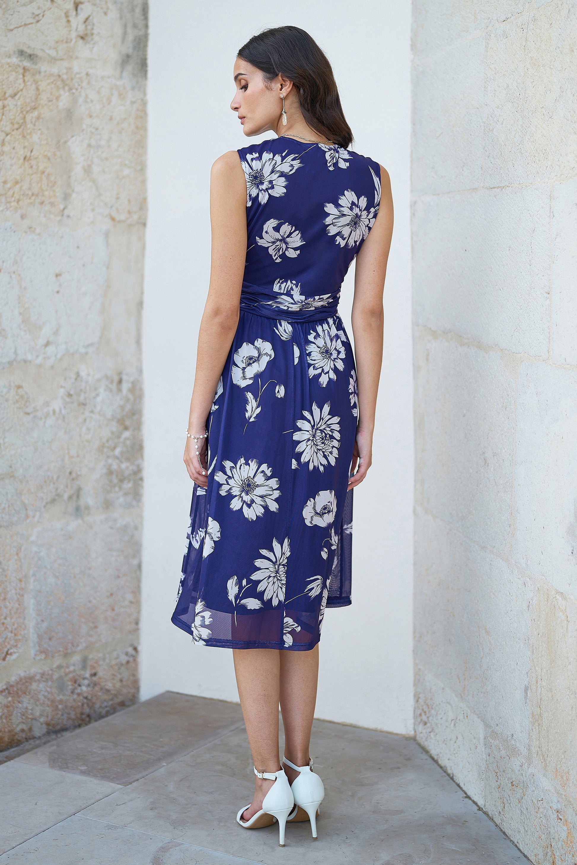 Yumi Navy Floral Print Stretch Mesh Dress With Pockets Occasionwear Yumi