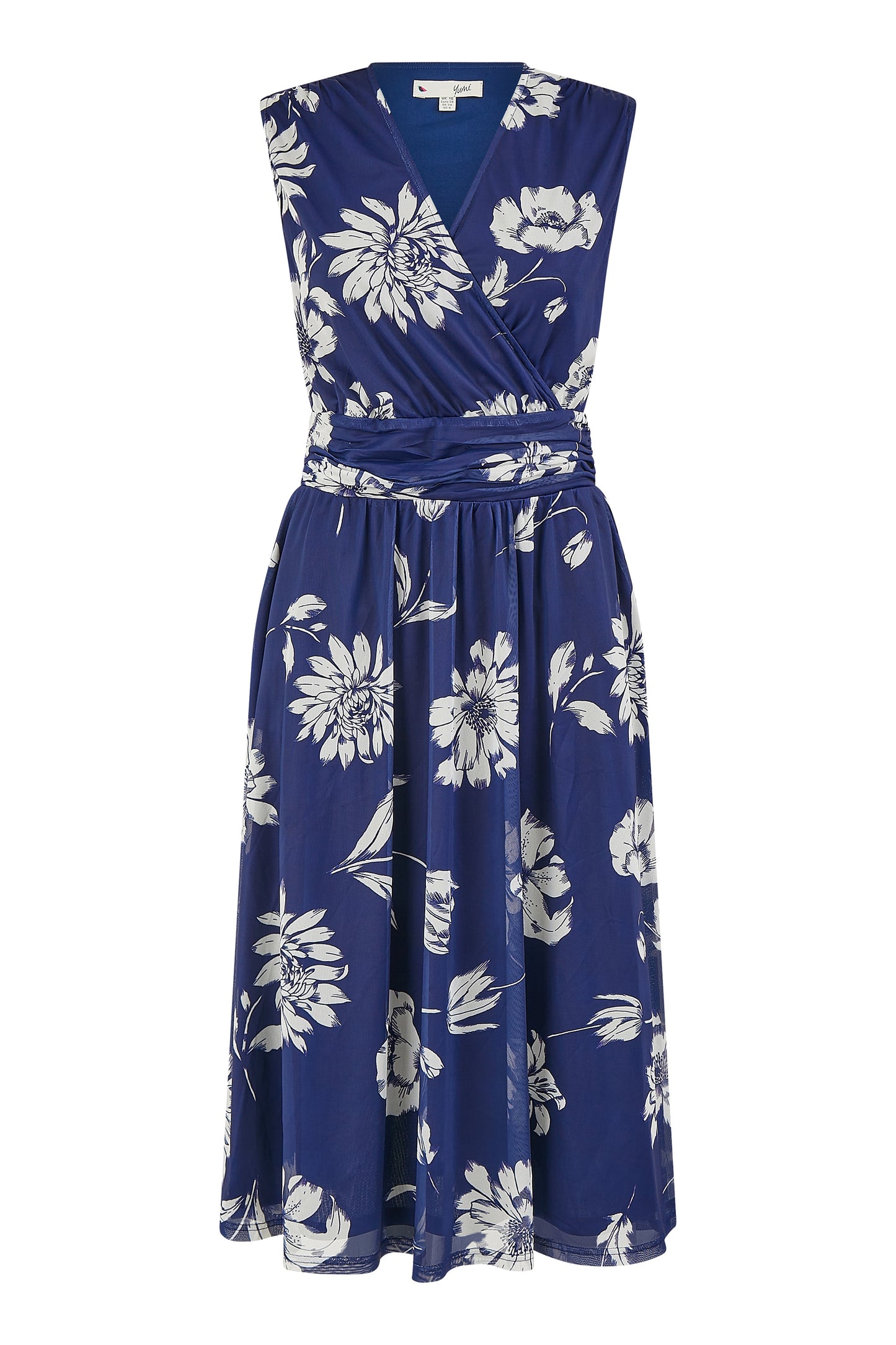 Yumi Navy Floral Print Stretch Mesh Dress With Pockets Occasionwear Yumi