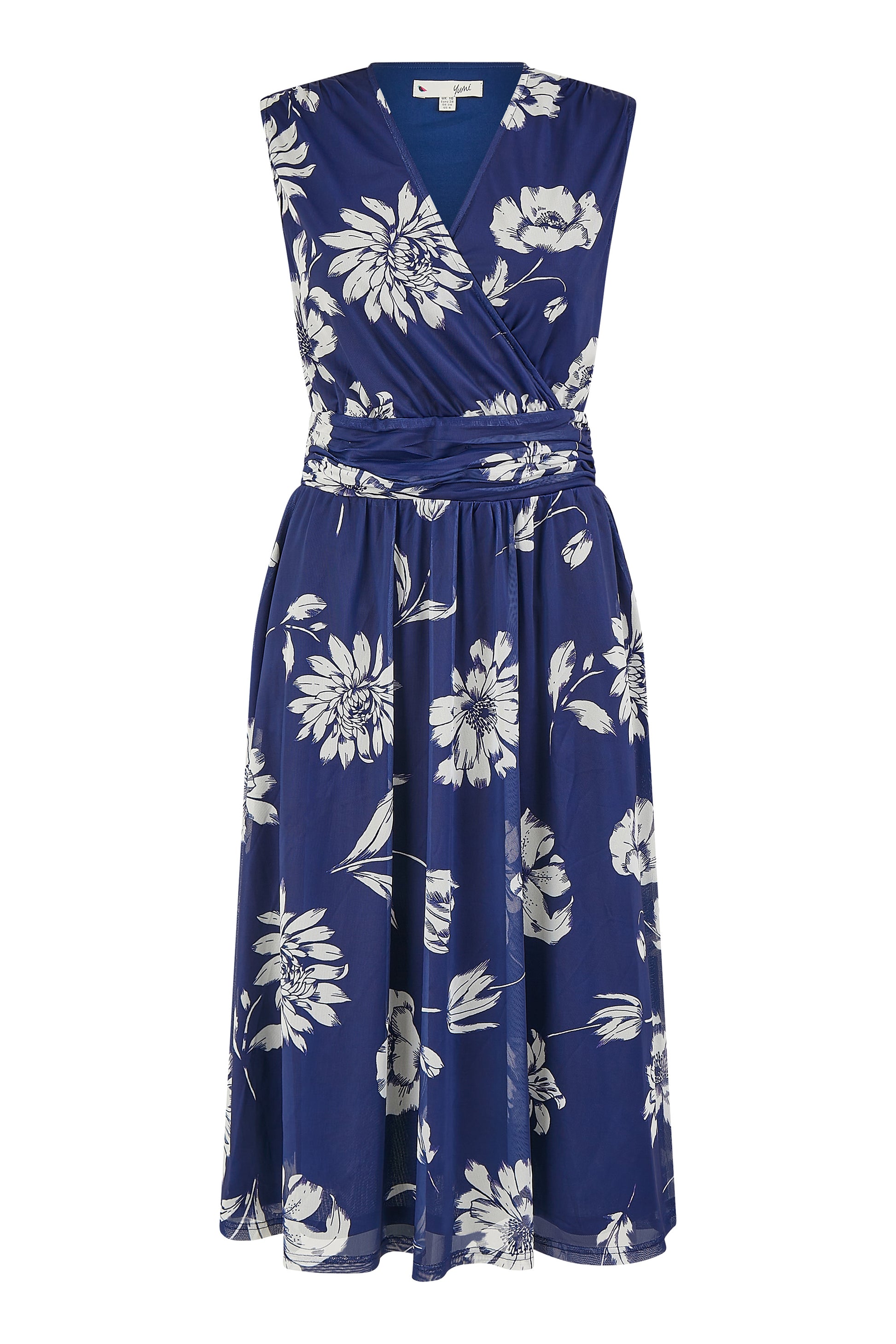 Yumi Navy Floral Print Stretch Mesh Dress With Pockets Occasionwear Yumi