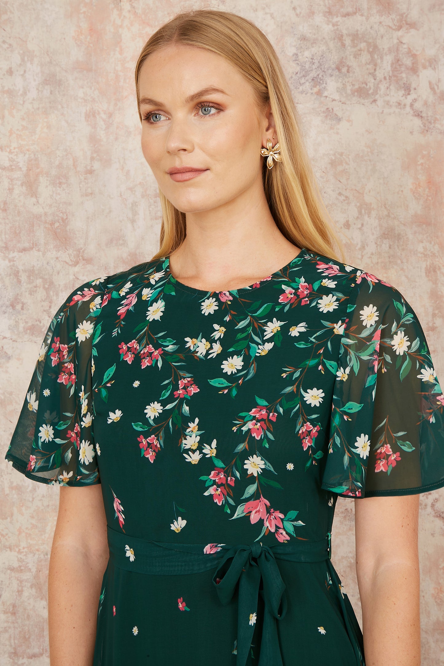 Yumi Green Daisy Mirror Placement Skater Dress With Angel Sleeves Occasionwear Yumi